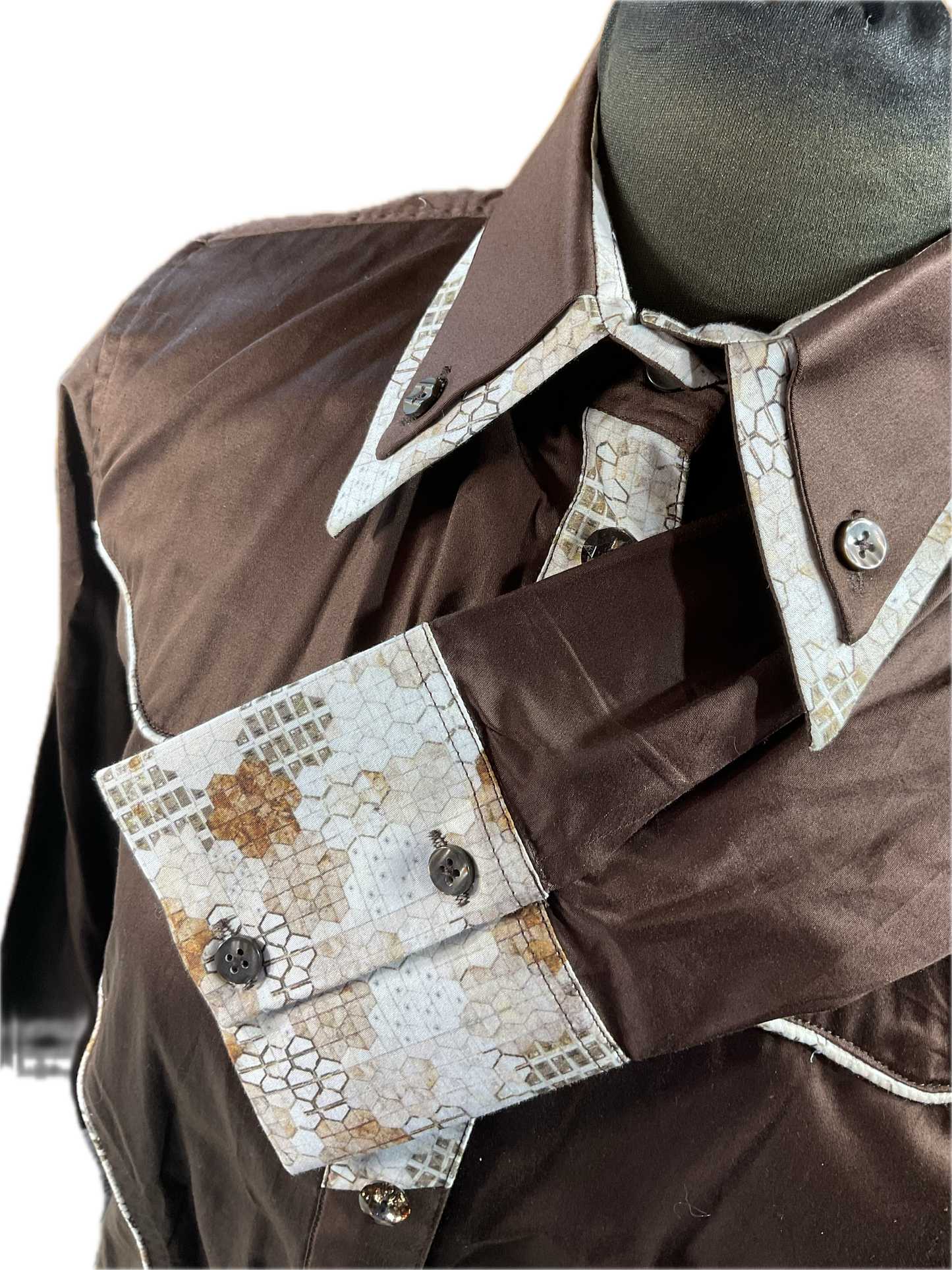 *42 Bust* Western/Ranch single collar hidden zipper shirt chocolate brown with honey comb trims