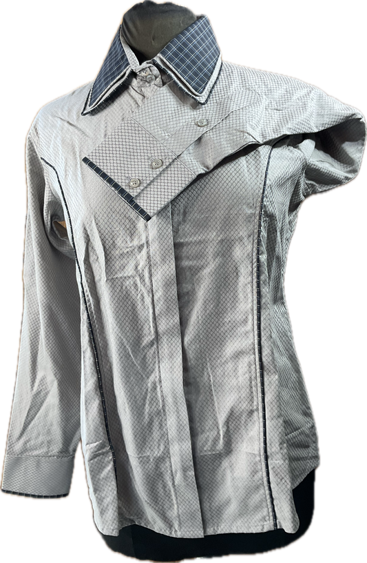 *42 Bust* Western/Ranch hidden zipper shirt double collar grey textured fabric with black and navy trim