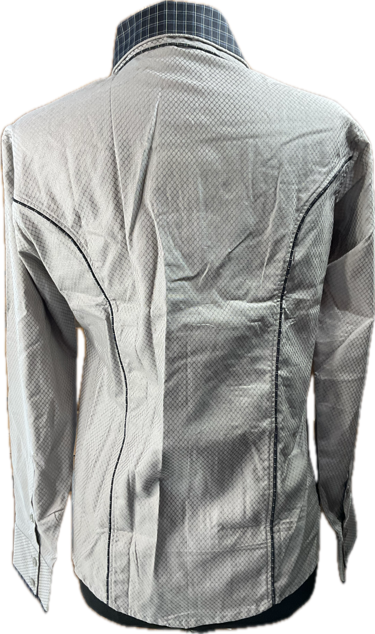 *42 Bust* Western/Ranch hidden zipper shirt double collar grey textured fabric with black and navy trim