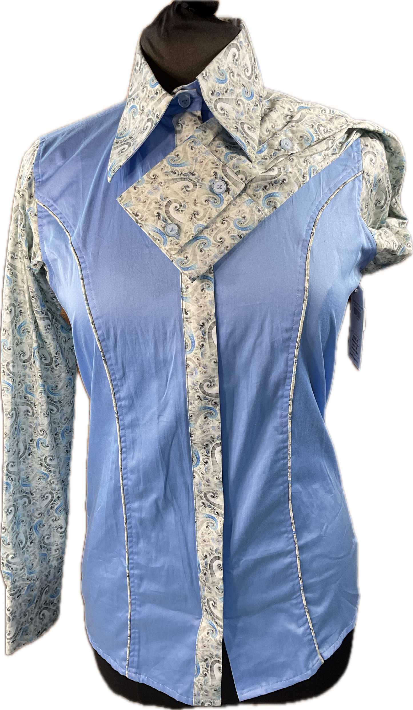 *36 Bust* Western/Ranch hidden zipper shirt single collar. light blue with paisley print sleeves and trim