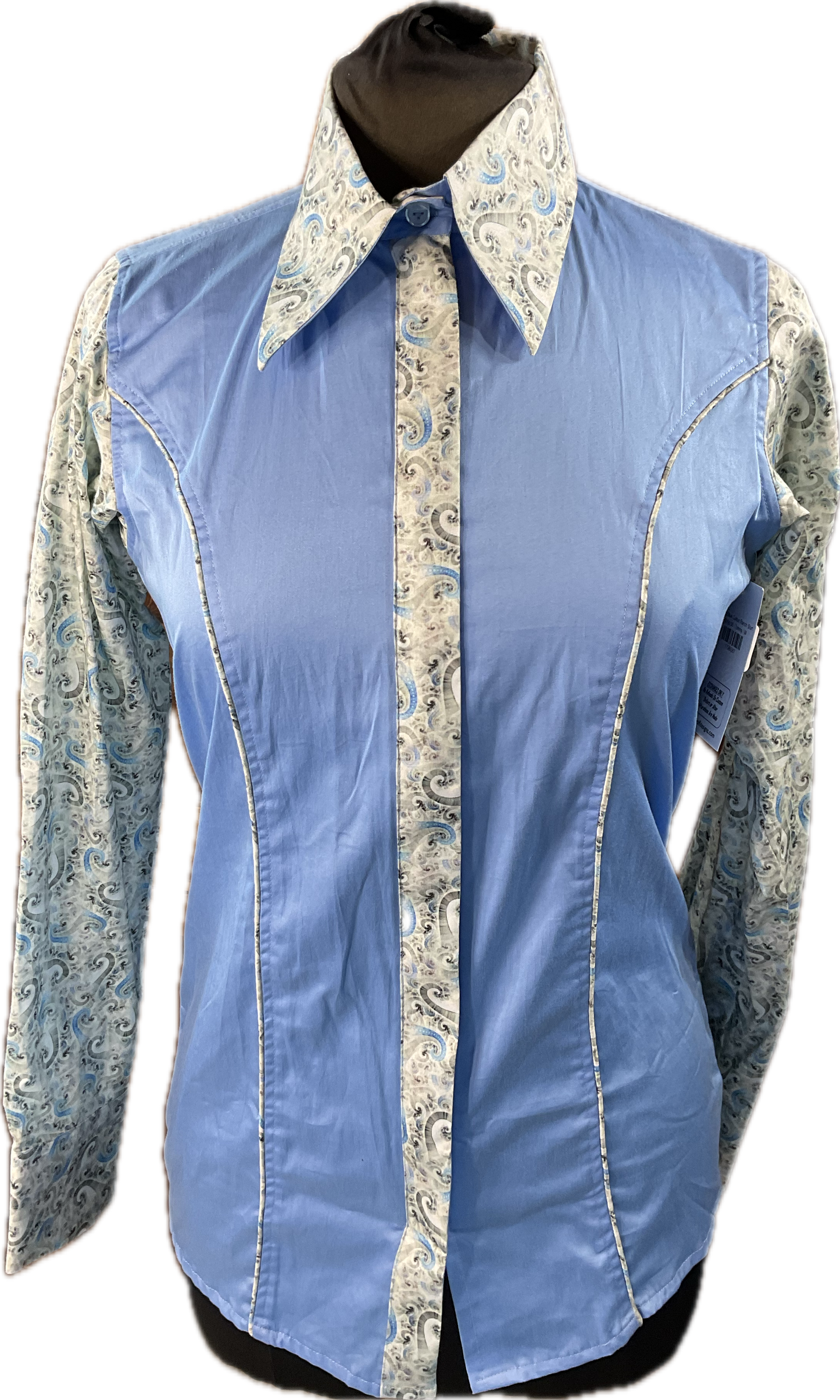 *36 Bust* Western/Ranch hidden zipper shirt single collar. light blue with paisley print sleeves and trim