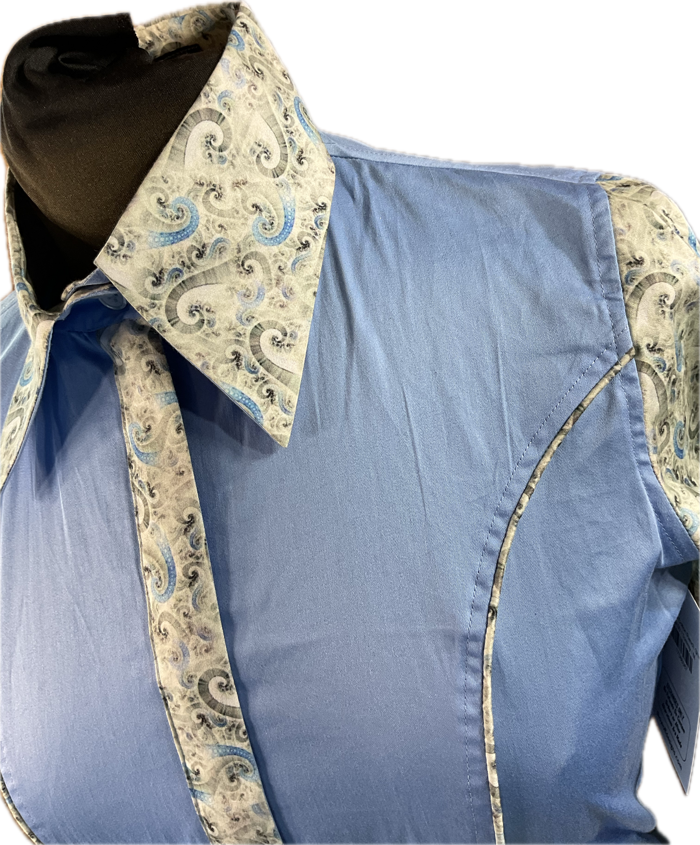 *36 Bust* Western/Ranch hidden zipper shirt single collar. light blue with paisley print sleeves and trim