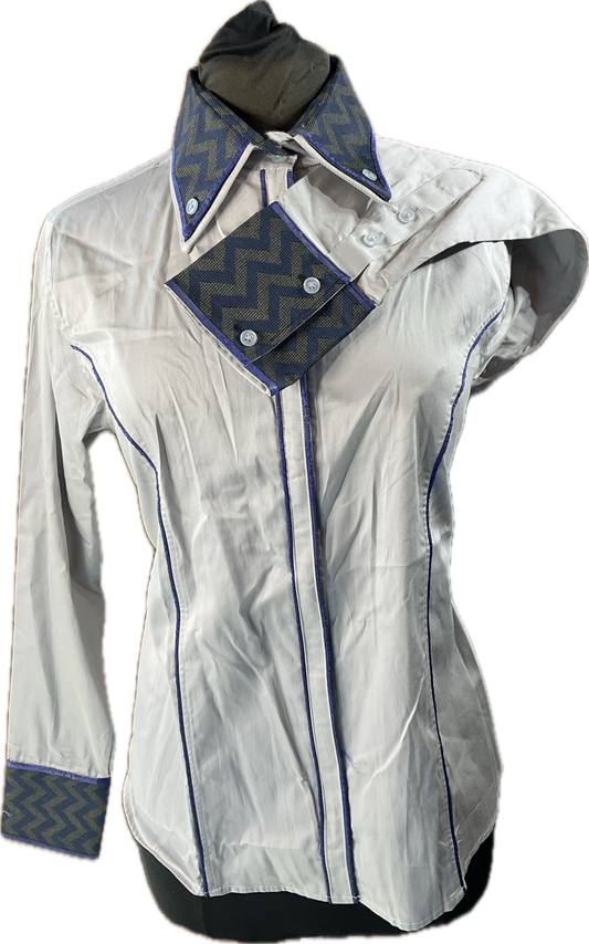 *44 Bust* Western/Ranch hidden zipper shirt double collar. Grey with navy print trims and accents