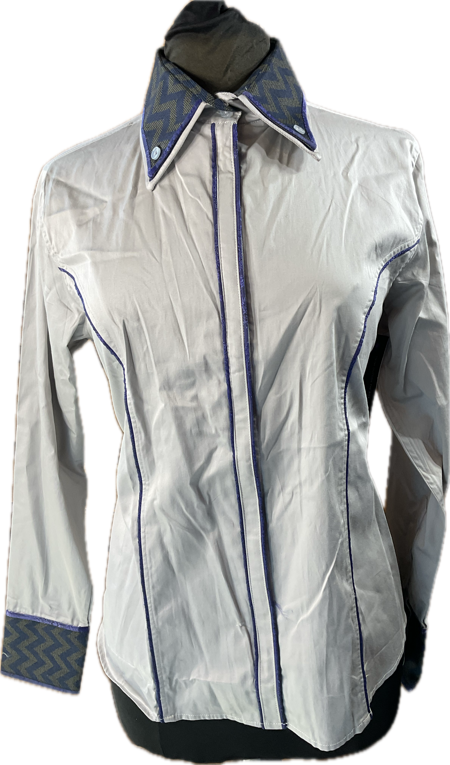 *44 Bust* Western/Ranch hidden zipper shirt double collar. Grey with navy print trims and accents