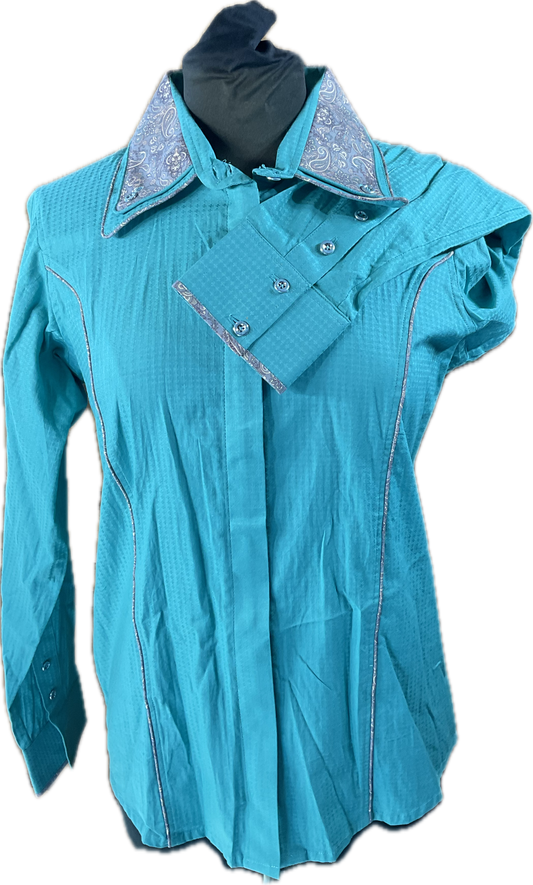 *42 Bust* Western/Ranch hidden zipper double collar. teal with grey paisley trims