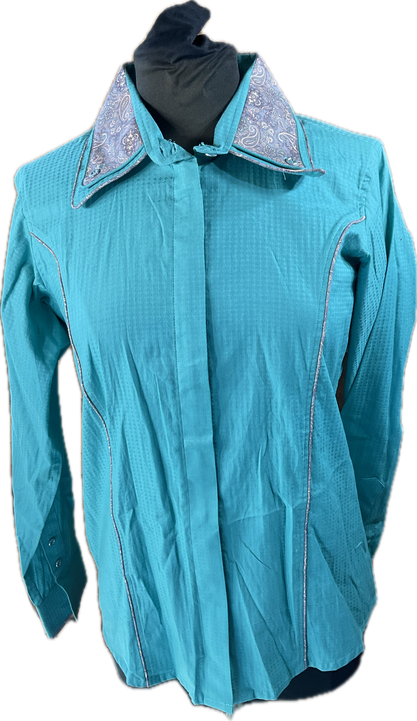 *42 Bust* Western/Ranch hidden zipper double collar. teal with grey paisley trims