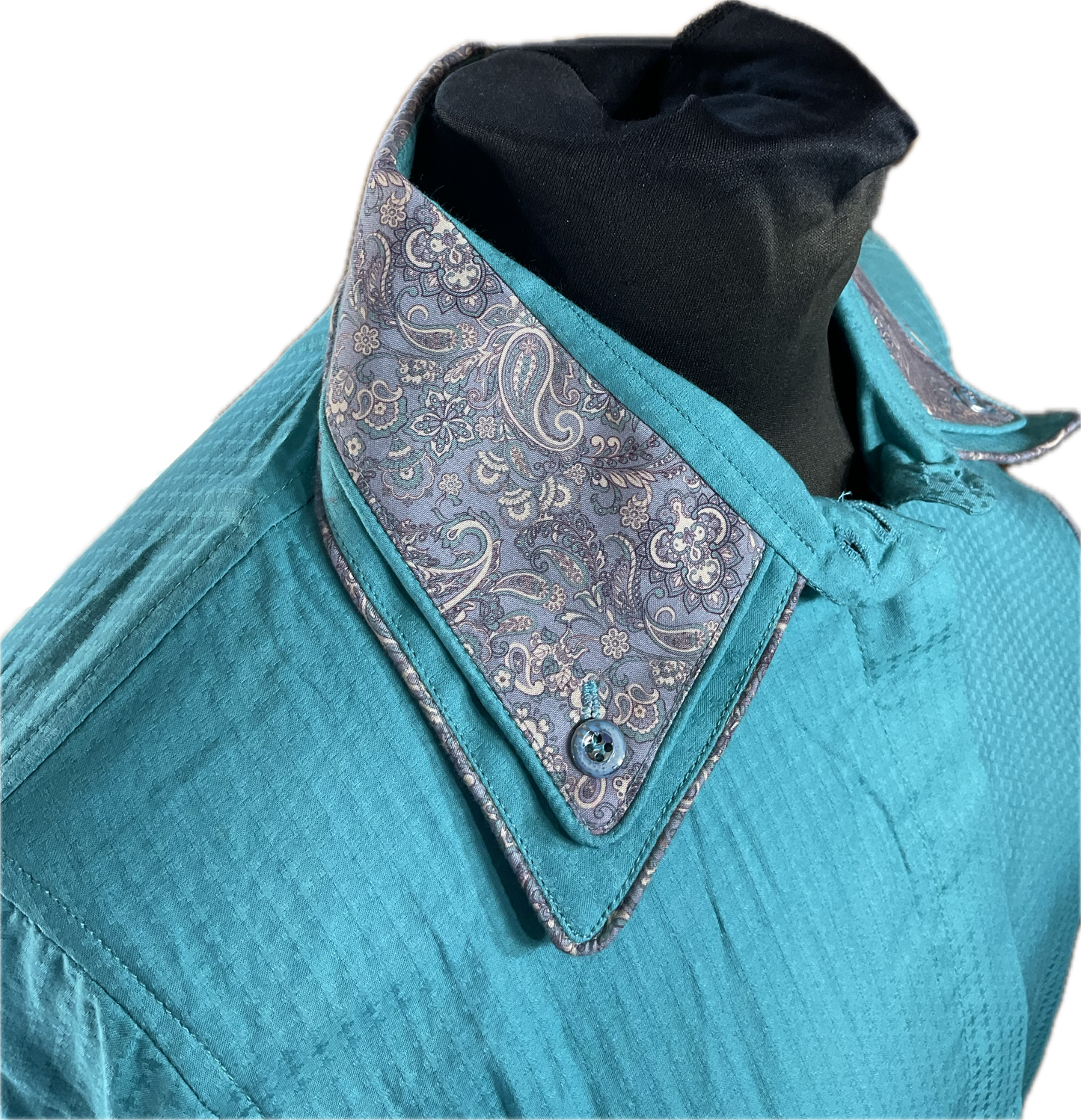 *42 Bust* Western/Ranch hidden zipper double collar. teal with grey paisley trims