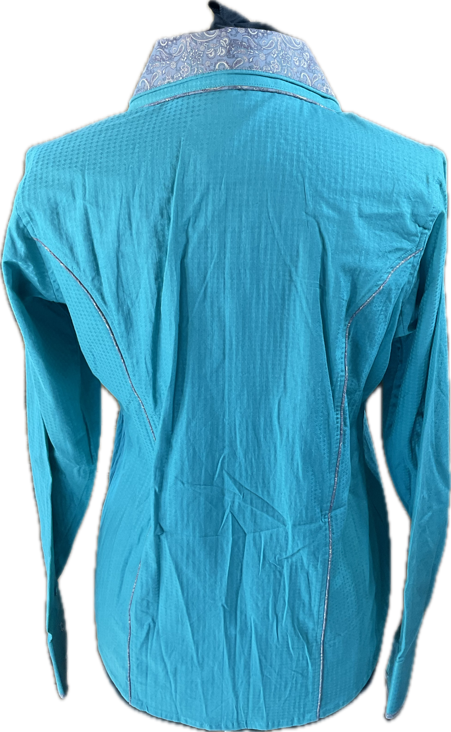 *42 Bust* Western/Ranch hidden zipper double collar. teal with grey paisley trims