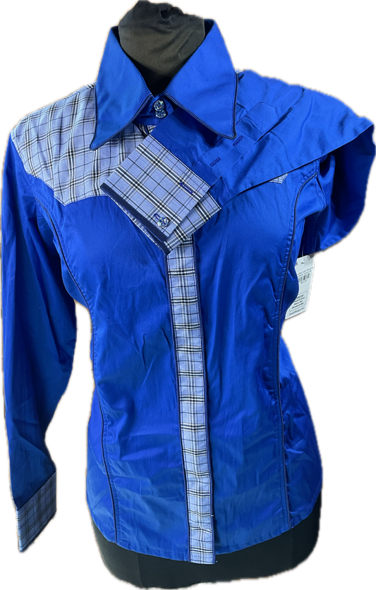 *48 Bust* Western/Ranch hidden zipper single collar. Royal blue with plaid retro design