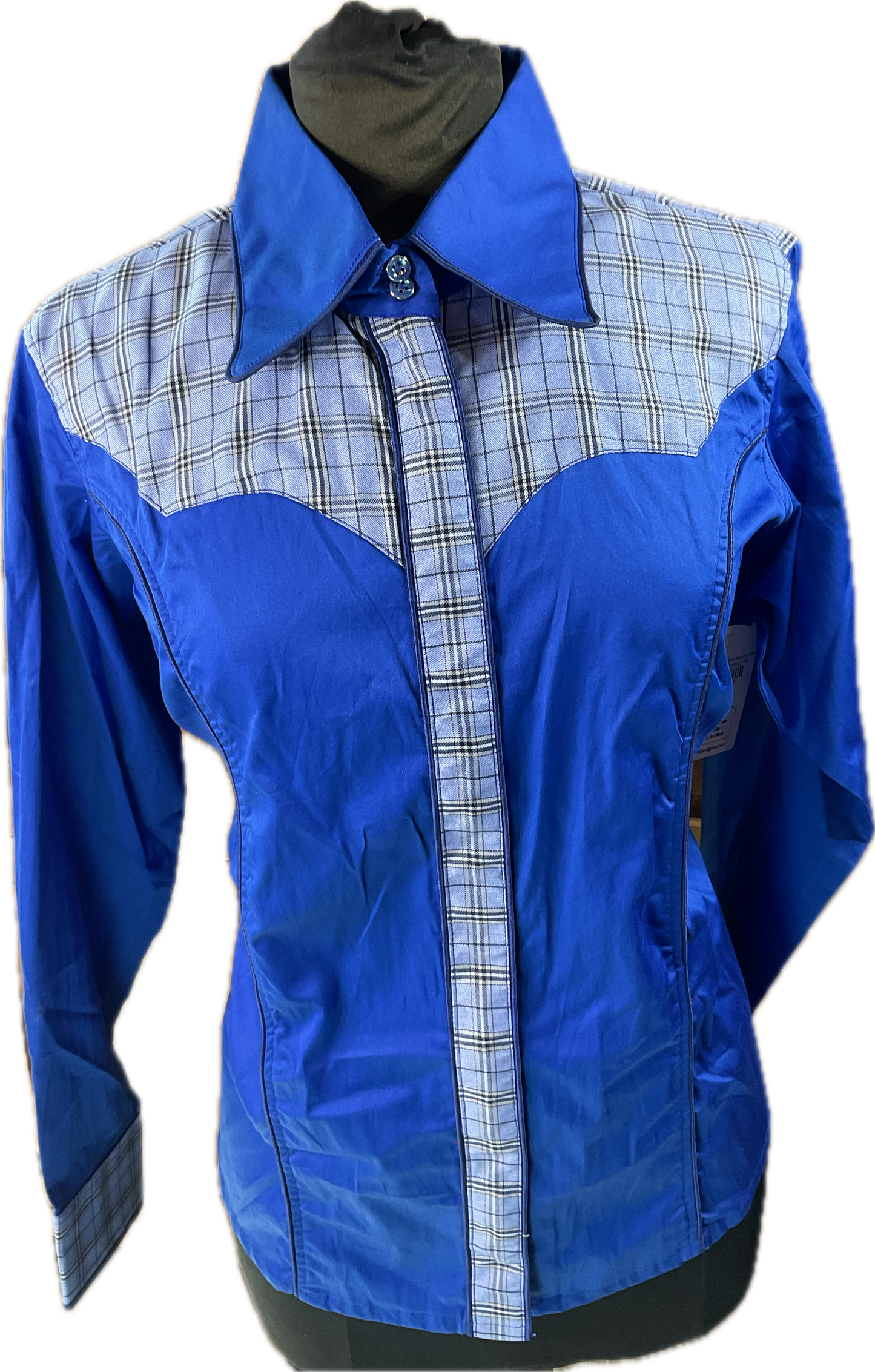 *48 Bust* Western/Ranch hidden zipper single collar. Royal blue with plaid retro design