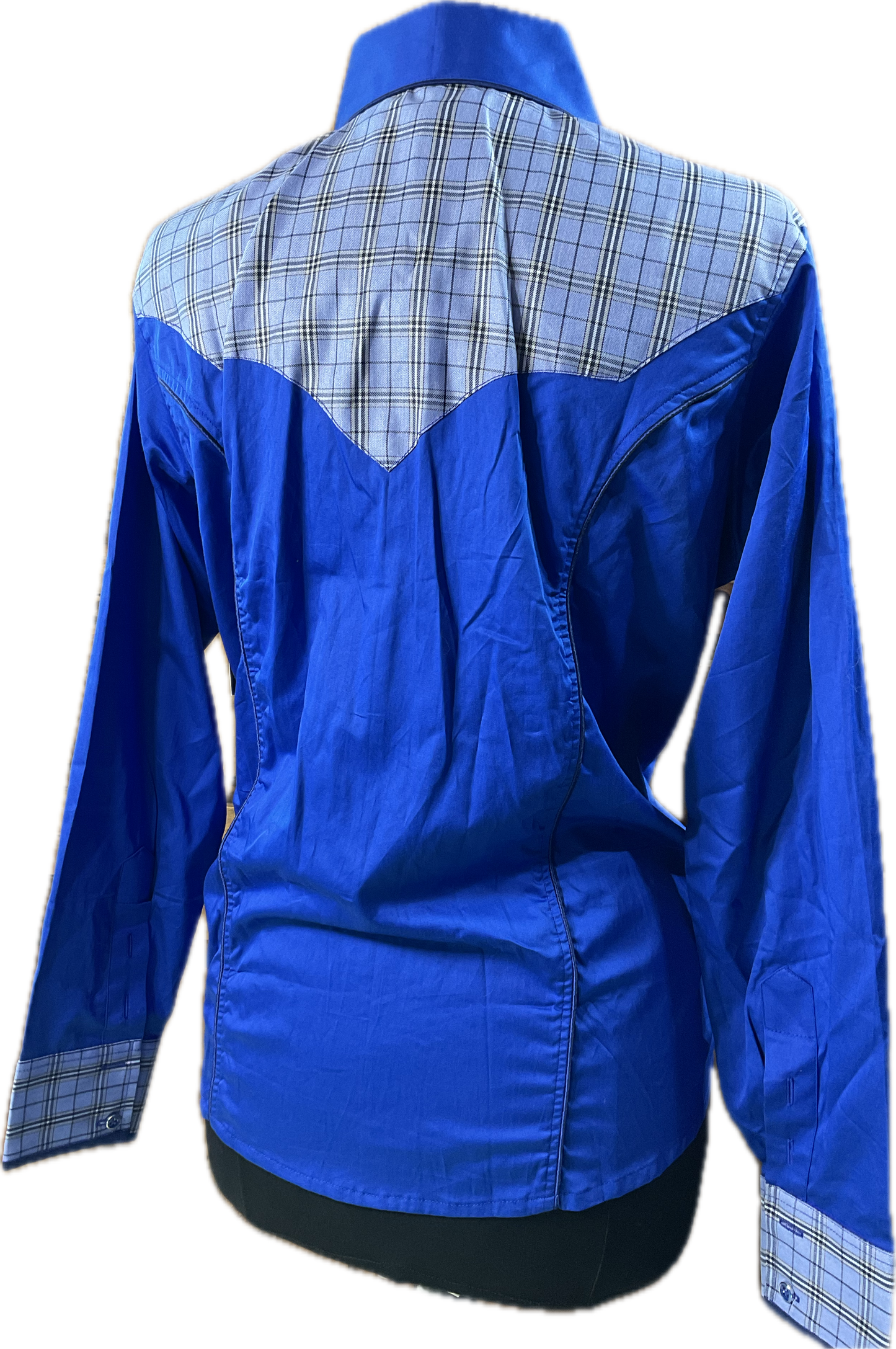 *48 Bust* Western/Ranch hidden zipper single collar. Royal blue with plaid retro design