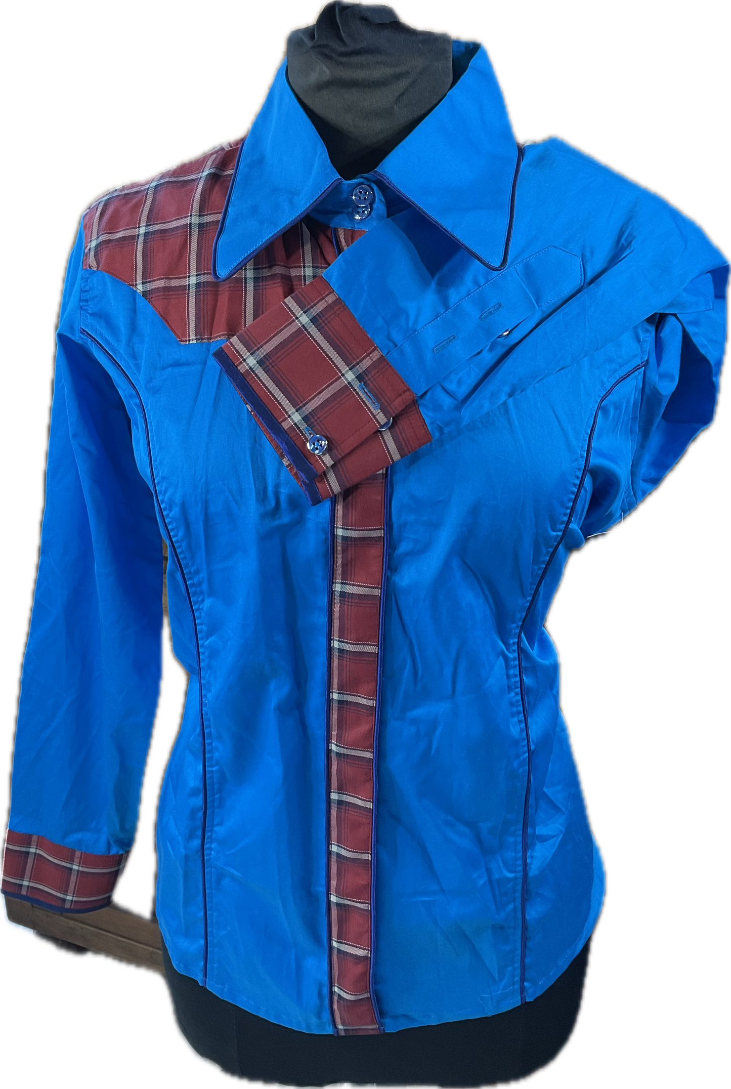 *48 Bust* Western/Ranch hidden zipper single collar. turquoise with brick red plaid retro design