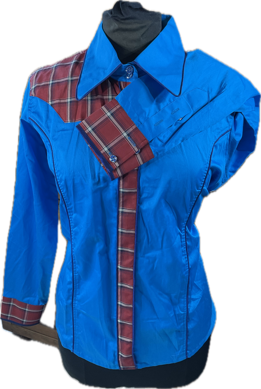 *48 Bust* Western/Ranch hidden zipper single collar. turquoise with brick red plaid retro design