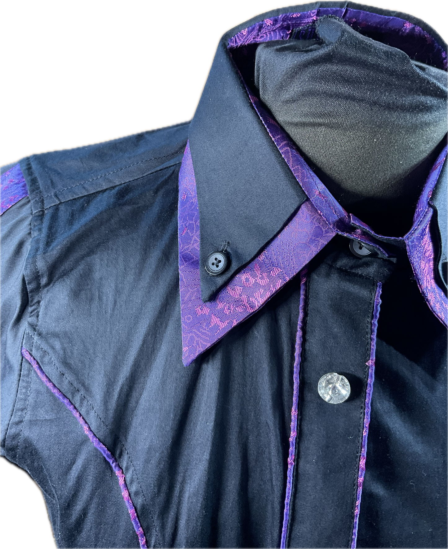 *34 Bust* Western/Ranch hidden zipper double collar. black with purple paisley trims