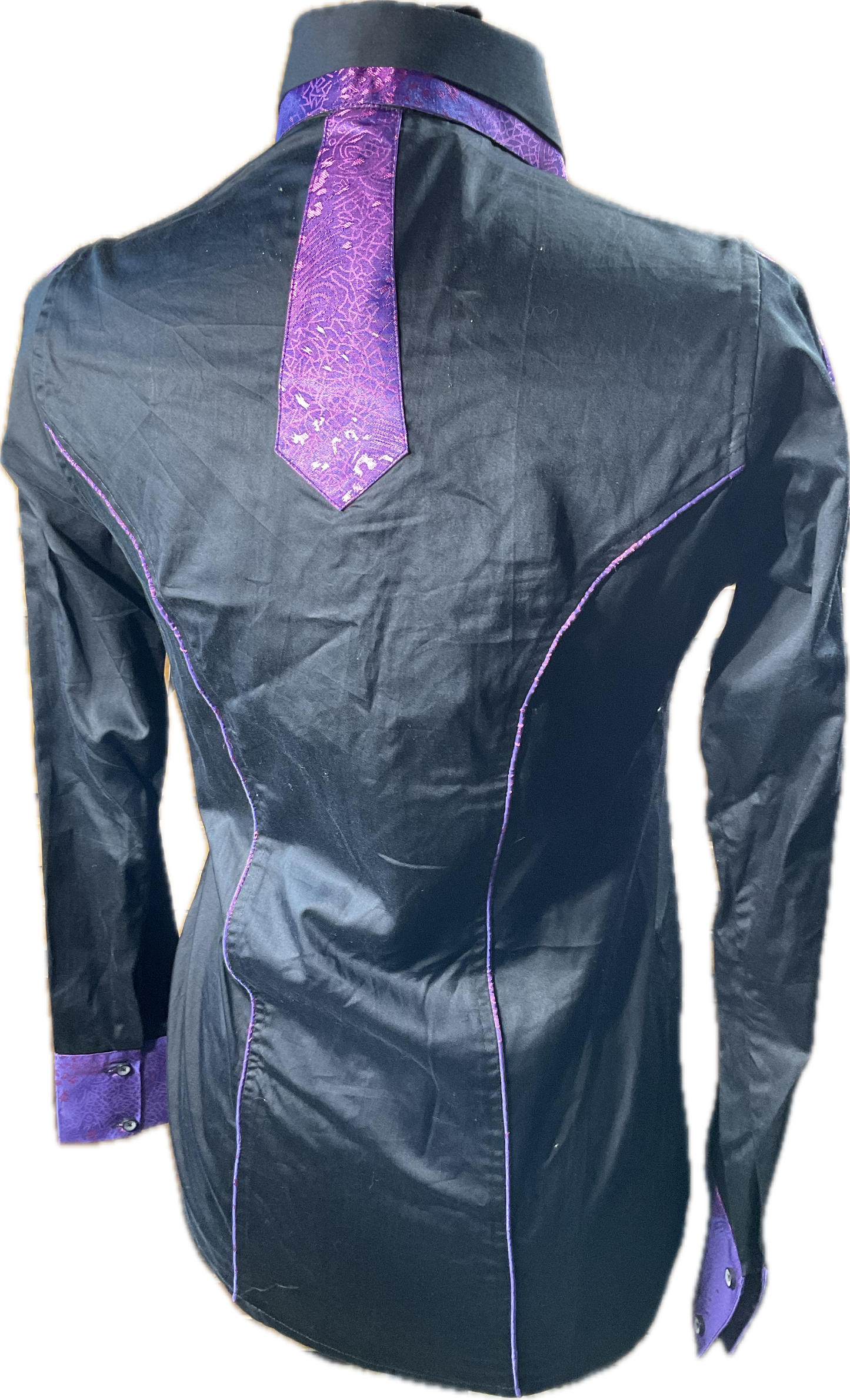 *34 Bust* Western/Ranch hidden zipper double collar. black with purple paisley trims