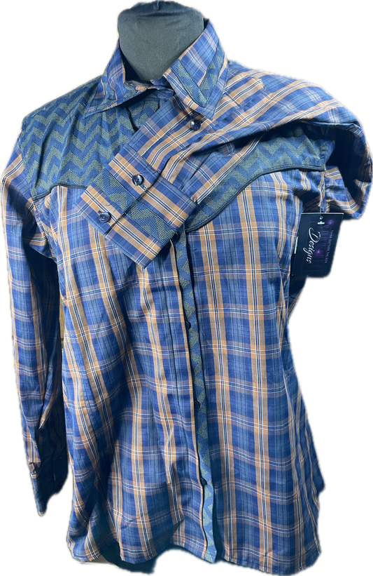 *44 Bust* Western/Ranch button up single collar. rust and navy plaid with retro design