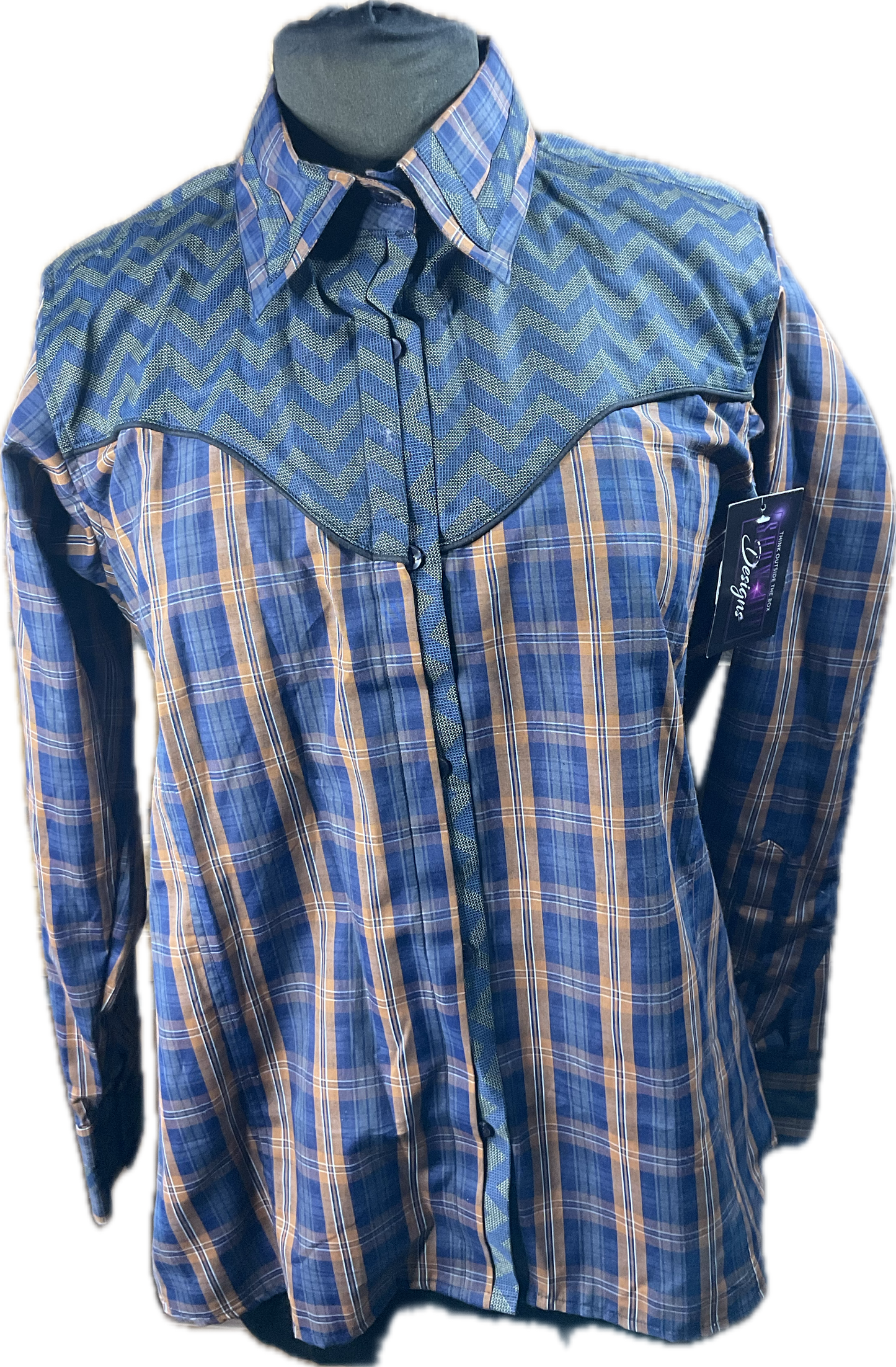 *44 Bust* Western/Ranch button up single collar. rust and navy plaid with retro design