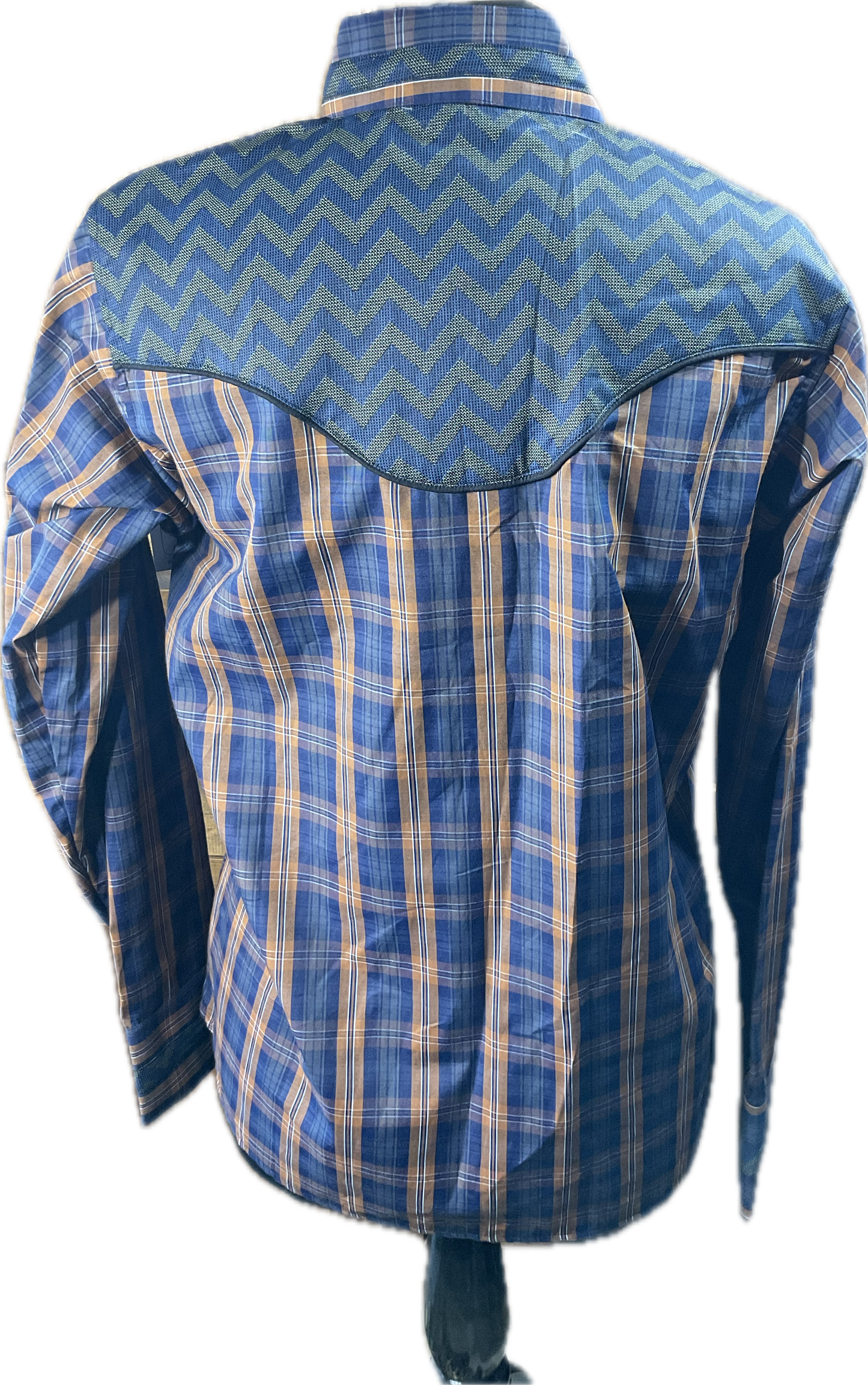 *44 Bust* Western/Ranch button up single collar. rust and navy plaid with retro design