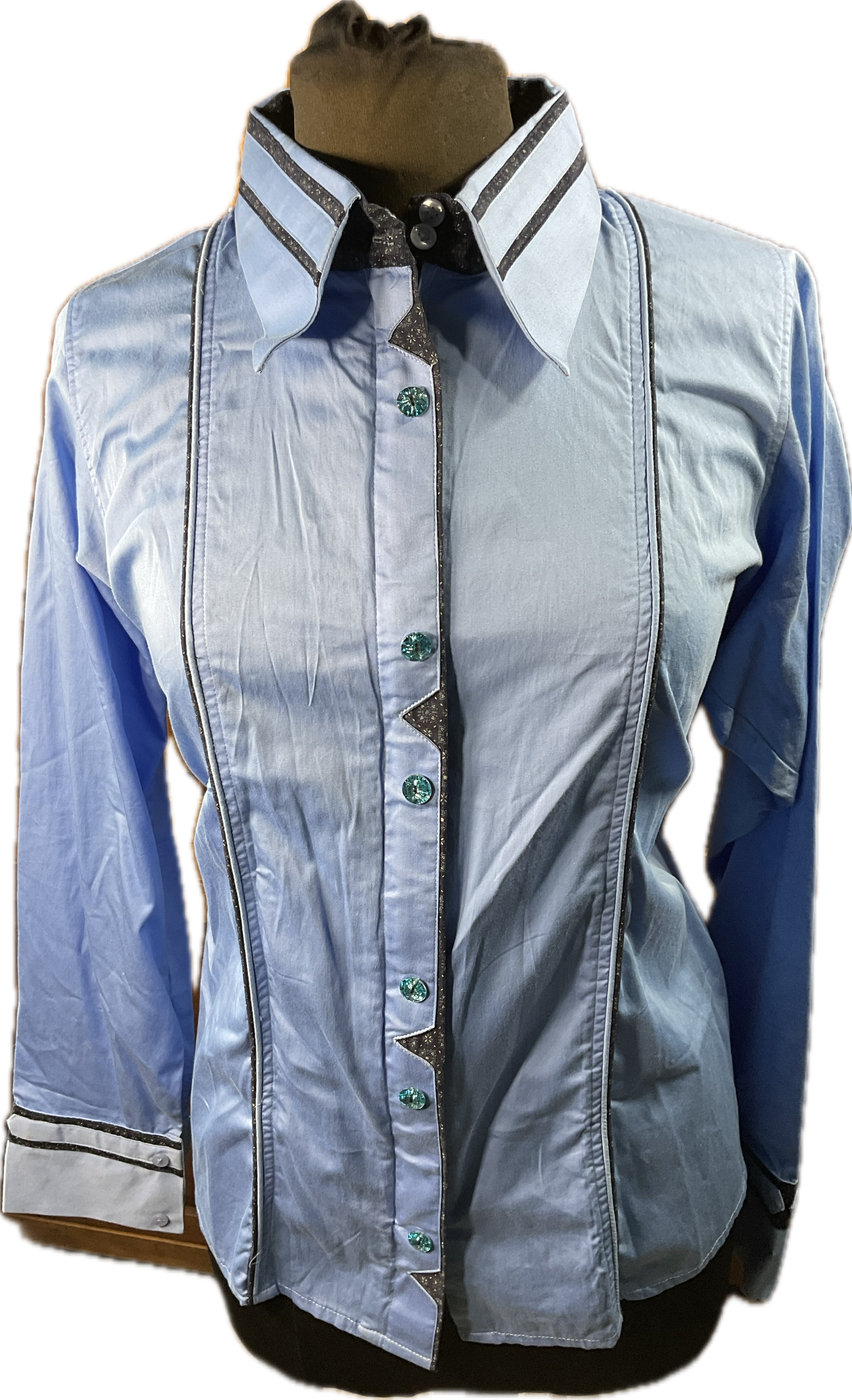 *48 Bust* Western/Ranch button up single collar. light blue with navy print sleeves