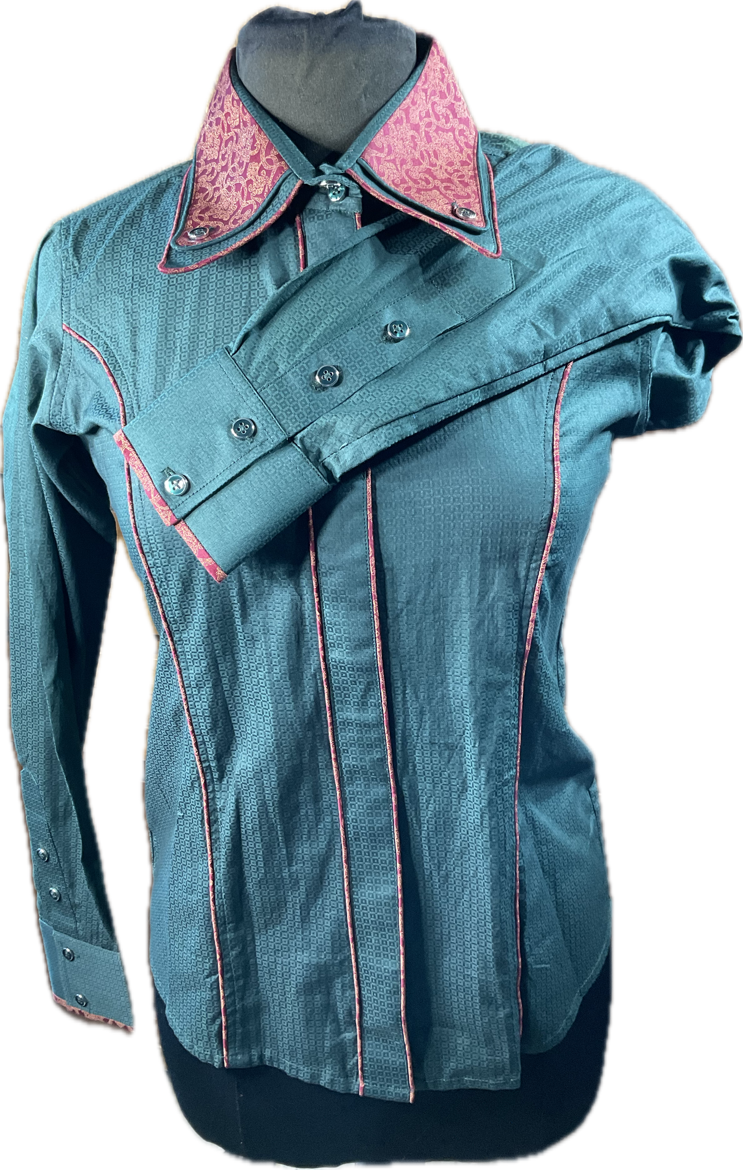 *38 Bust* Western/Ranch hidden zipper double collar. Hunter green with brick red print trims