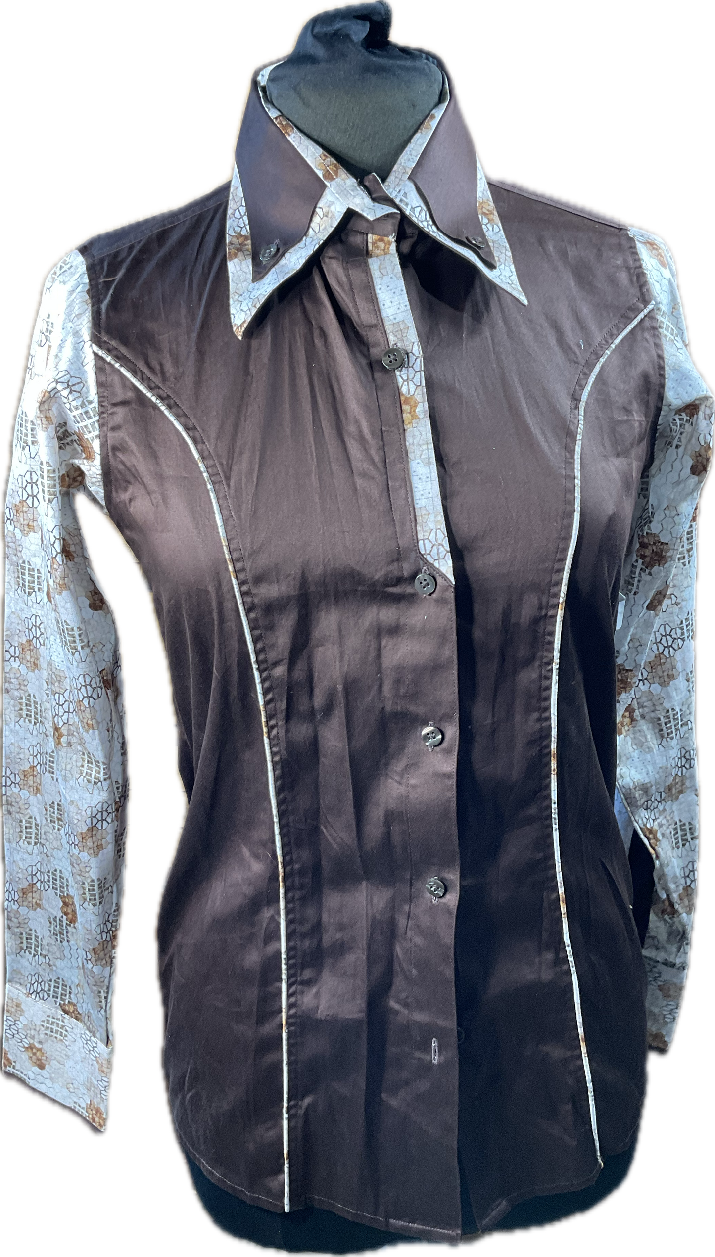 *36 Bust* Western/Ranch button up double collar. chocolate brown with honeycomb print sleeves and trim