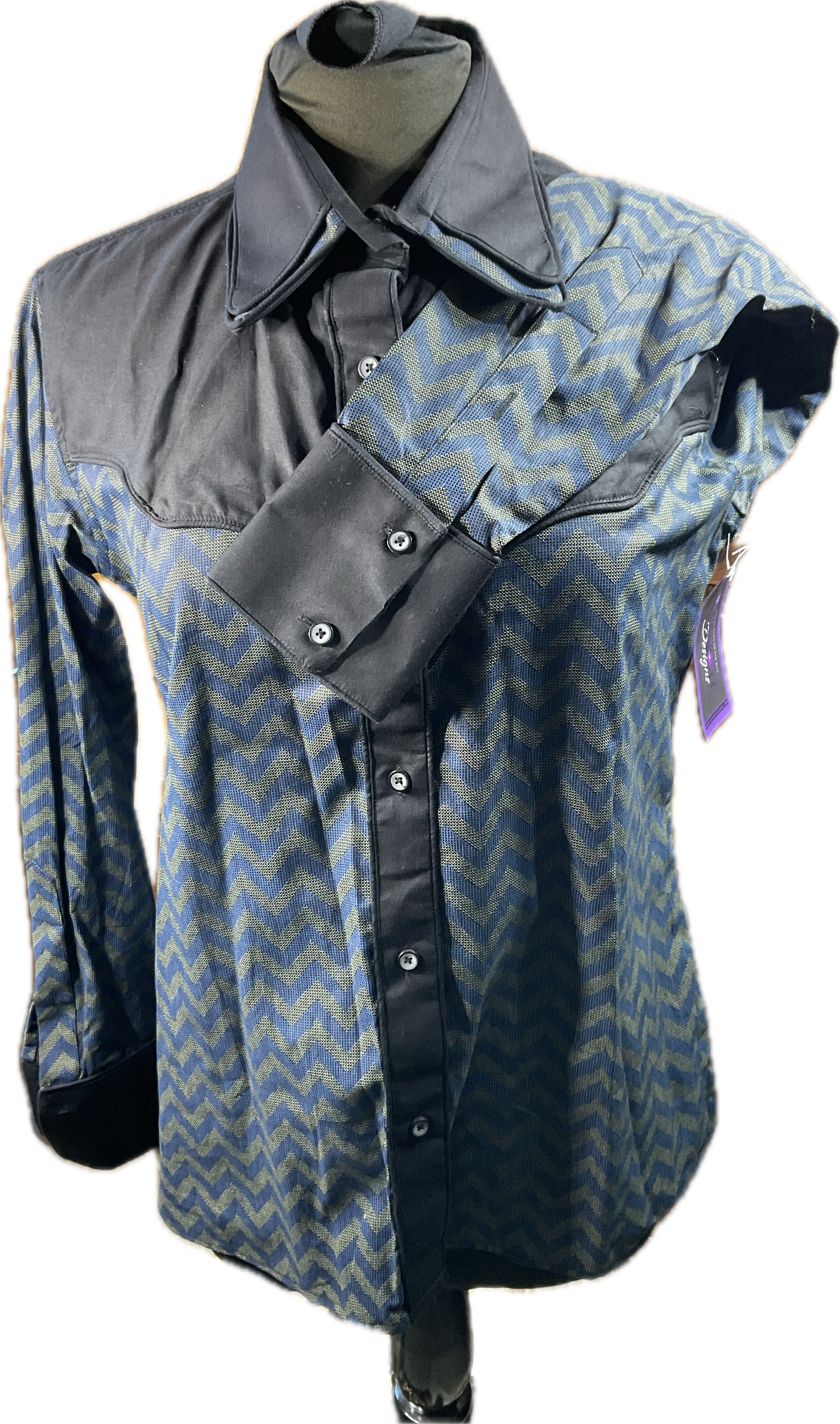 *42 Bust* Western/Ranch button up shirt double collar. Navy chevron pattern with black retro design