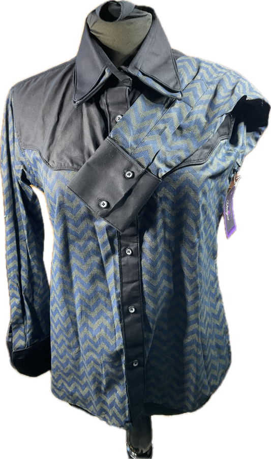 *42 Bust* Western/Ranch button up shirt double collar. Navy chevron pattern with black retro design