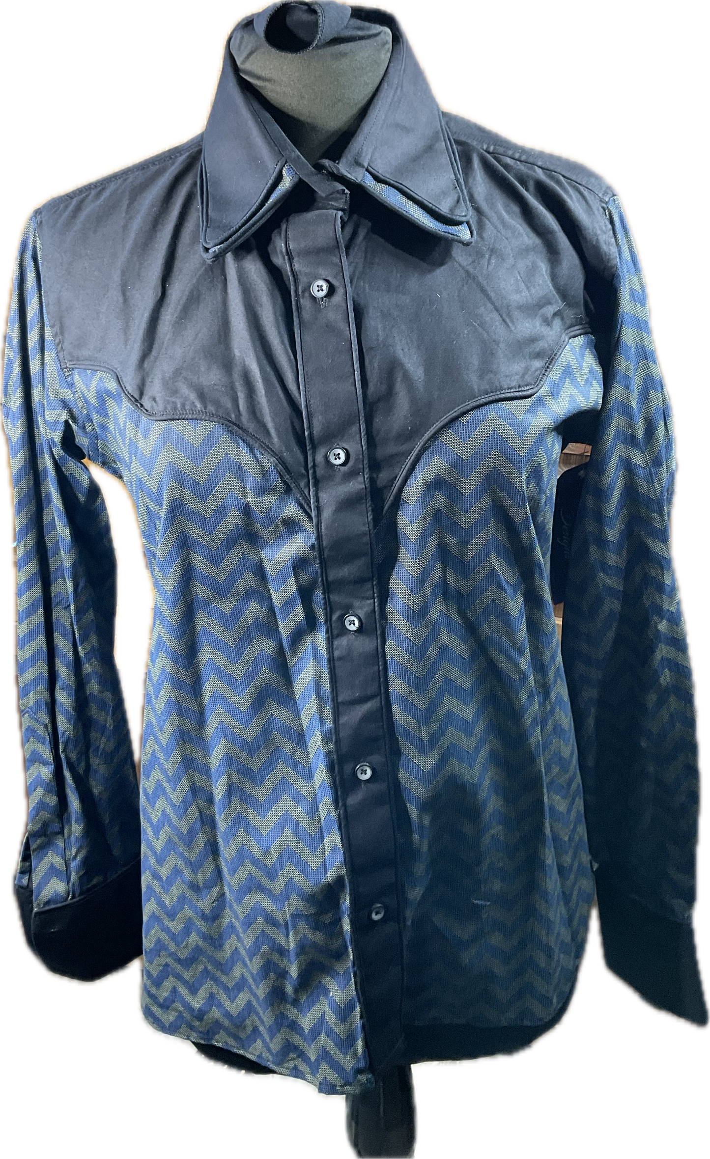 *42 Bust* Western/Ranch button up shirt double collar. Navy chevron pattern with black retro design