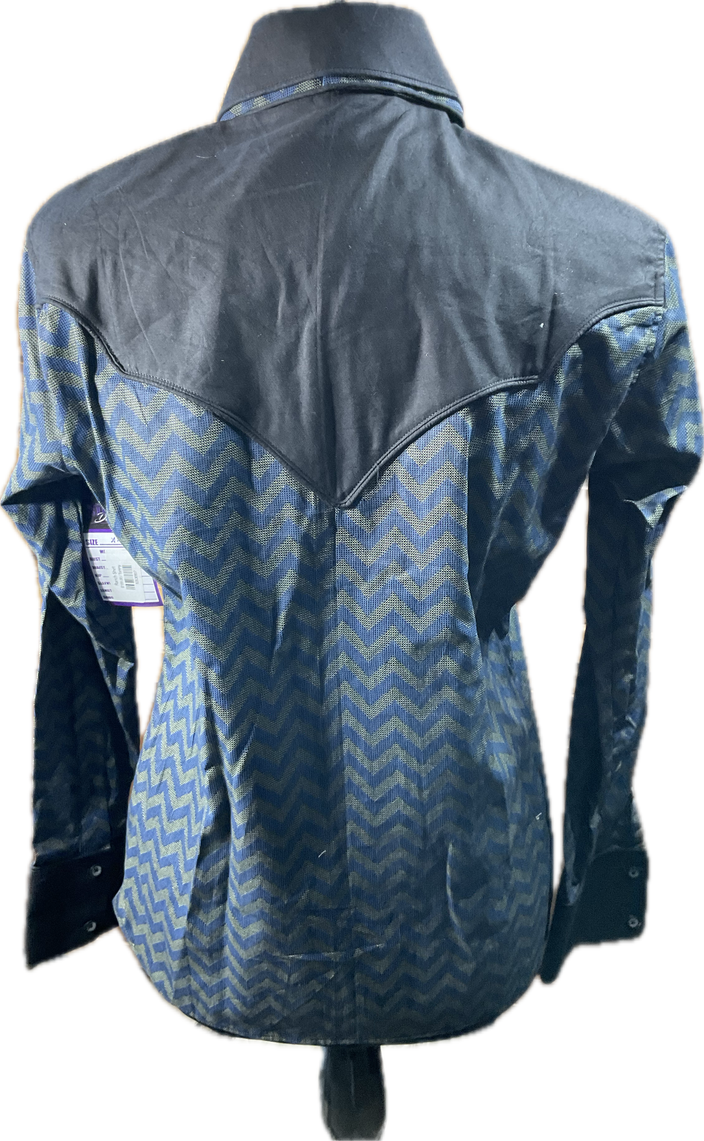 *42 Bust* Western/Ranch button up shirt double collar. Navy chevron pattern with black retro design