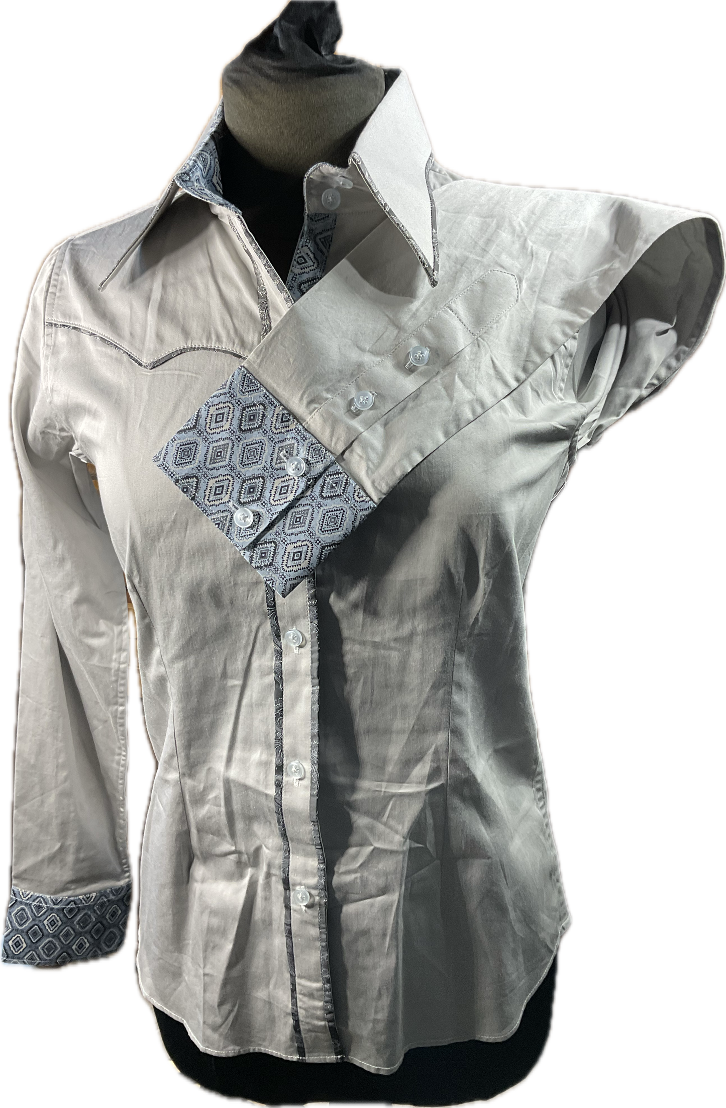 *36 Bust* Western/Ranch button up shirt single collar. grey with navy paisley trims retro style