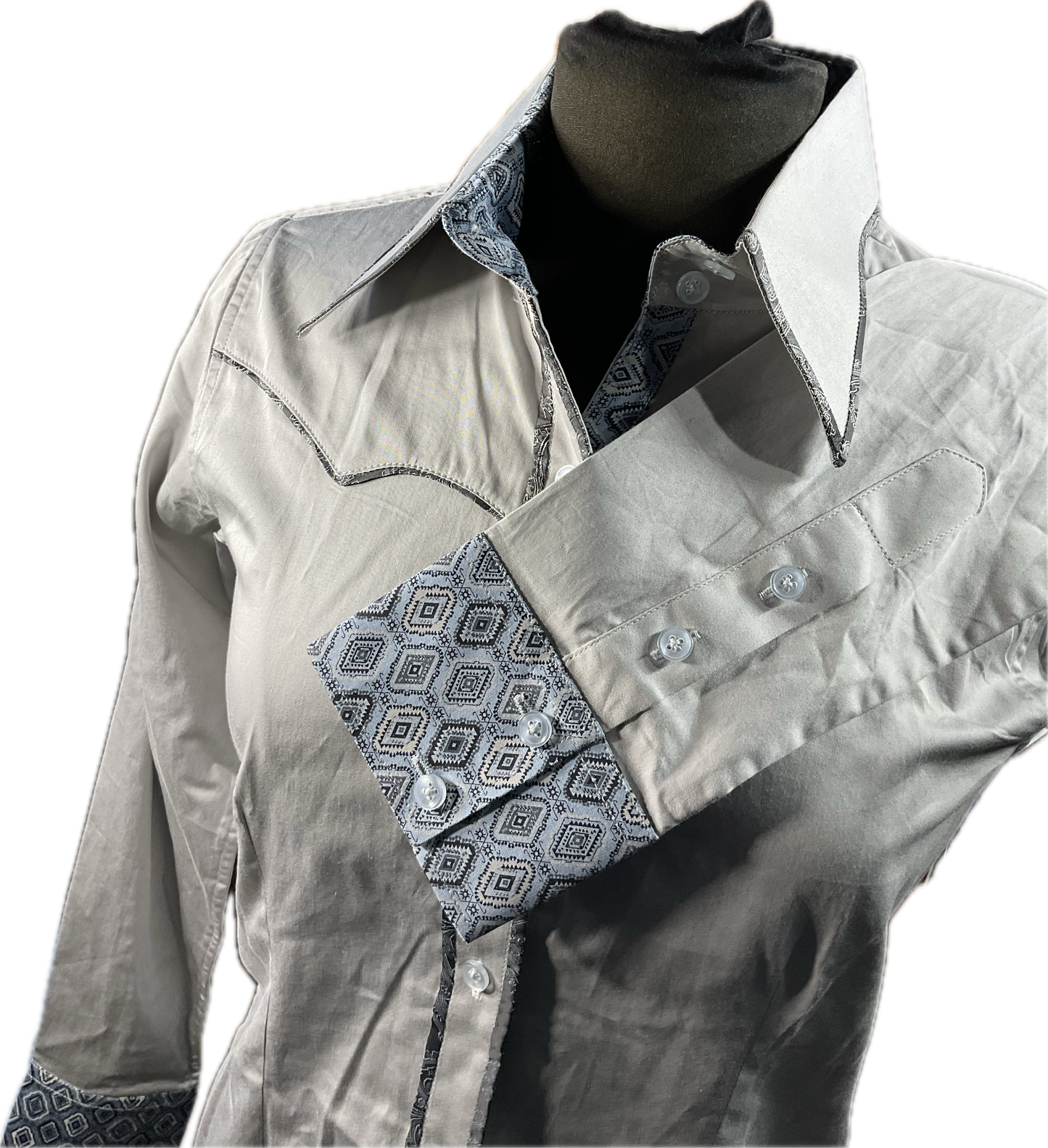 *36 Bust* Western/Ranch button up shirt single collar. grey with navy paisley trims retro style