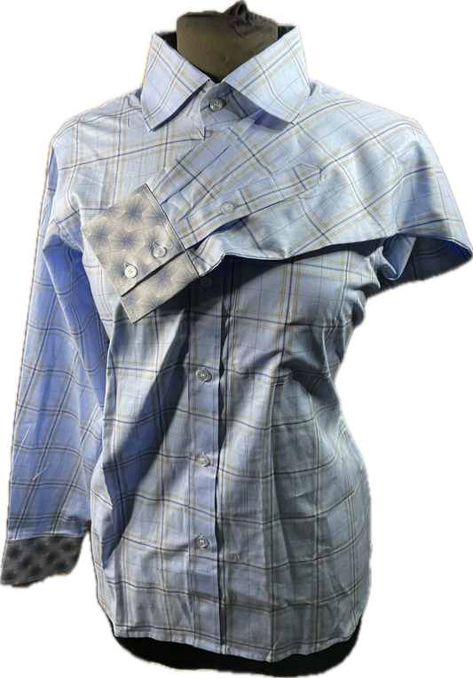 *42 Bust* Western/Ranch button up shirt single collar. sky blue plaid