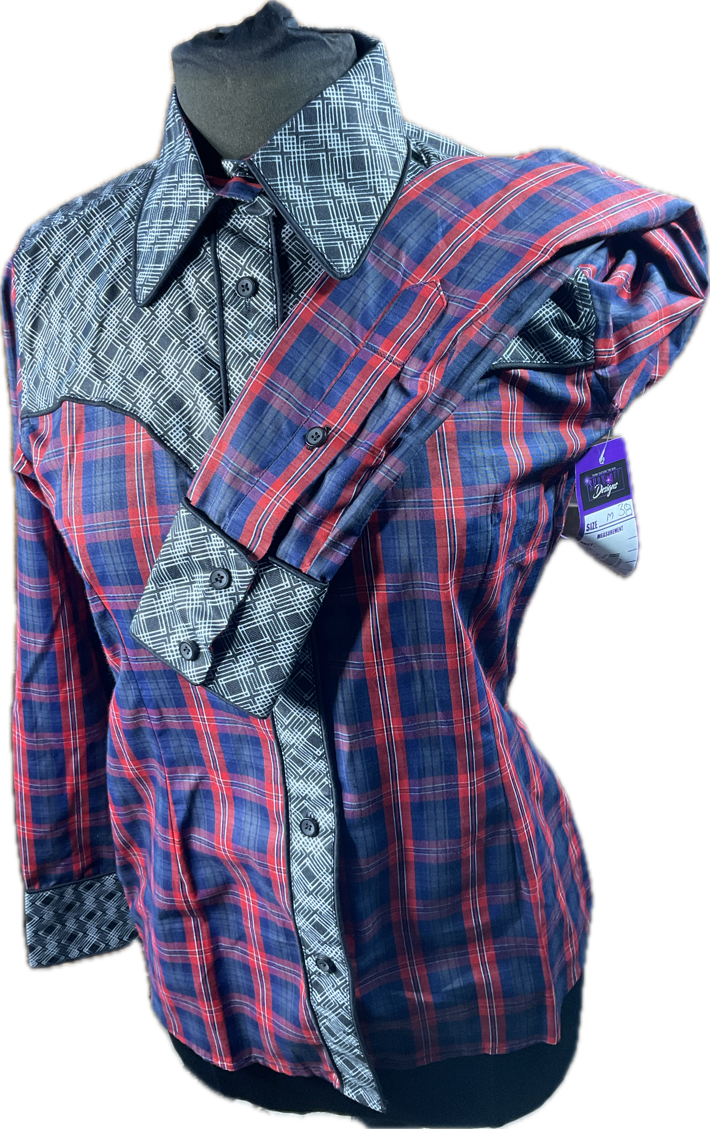 *38 Bust* Western/Ranch button up shirt single collar. Red plaid with black and white retro design