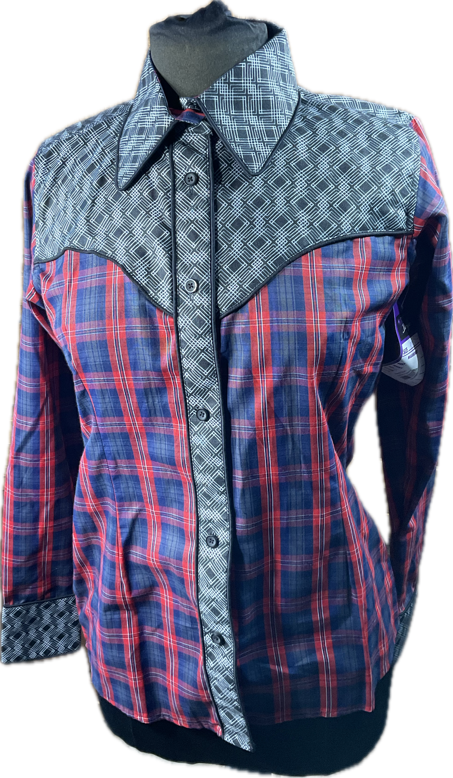 *38 Bust* Western/Ranch button up shirt single collar. Red plaid with black and white retro design