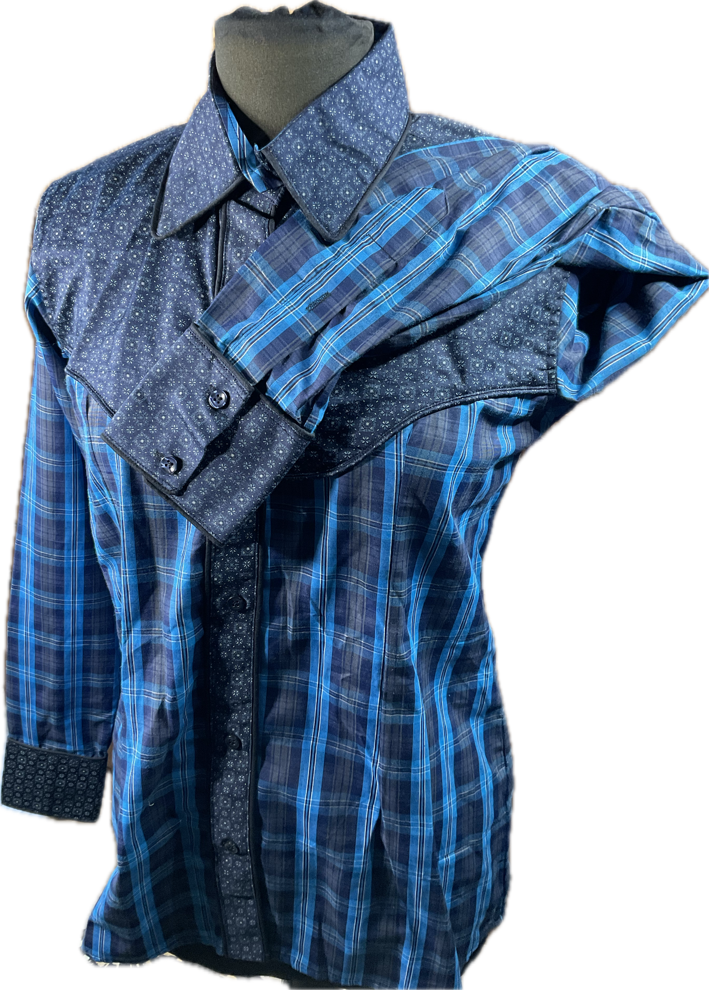 *38 Bust* Western/Ranch button up shirt single collar. Blue plaid with retro design and trims