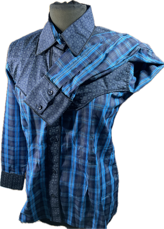 *38 Bust* Western/Ranch button up shirt single collar. Blue plaid with retro design and trims