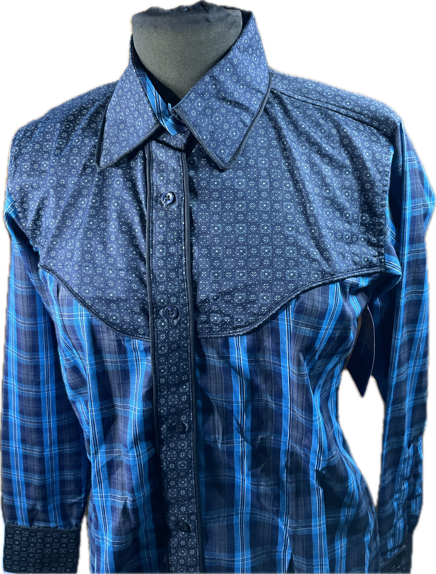 *38 Bust* Western/Ranch button up shirt single collar. Blue plaid with retro design and trims