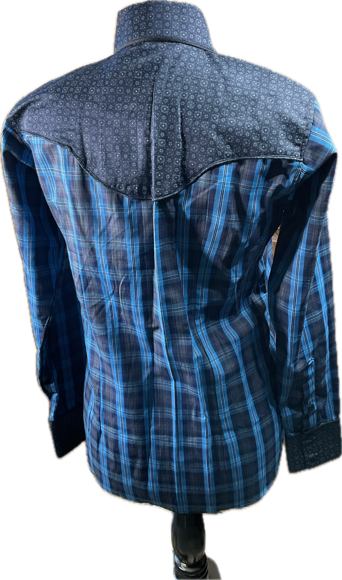 *38 Bust* Western/Ranch button up shirt single collar. Blue plaid with retro design and trims