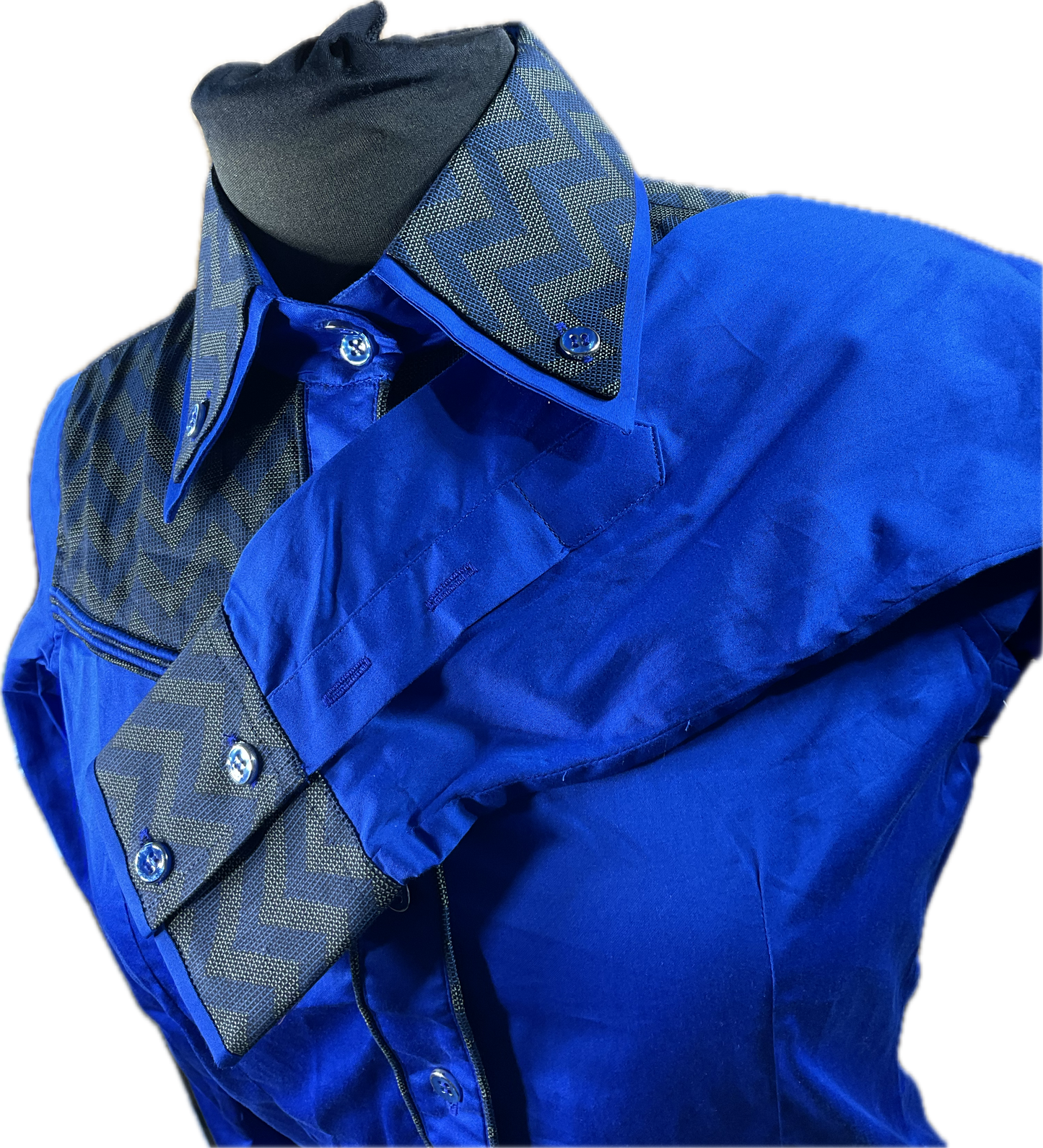 *38 Bust* Western/Ranch button up shirt double collar. Royal blue with navy chevron retro designs