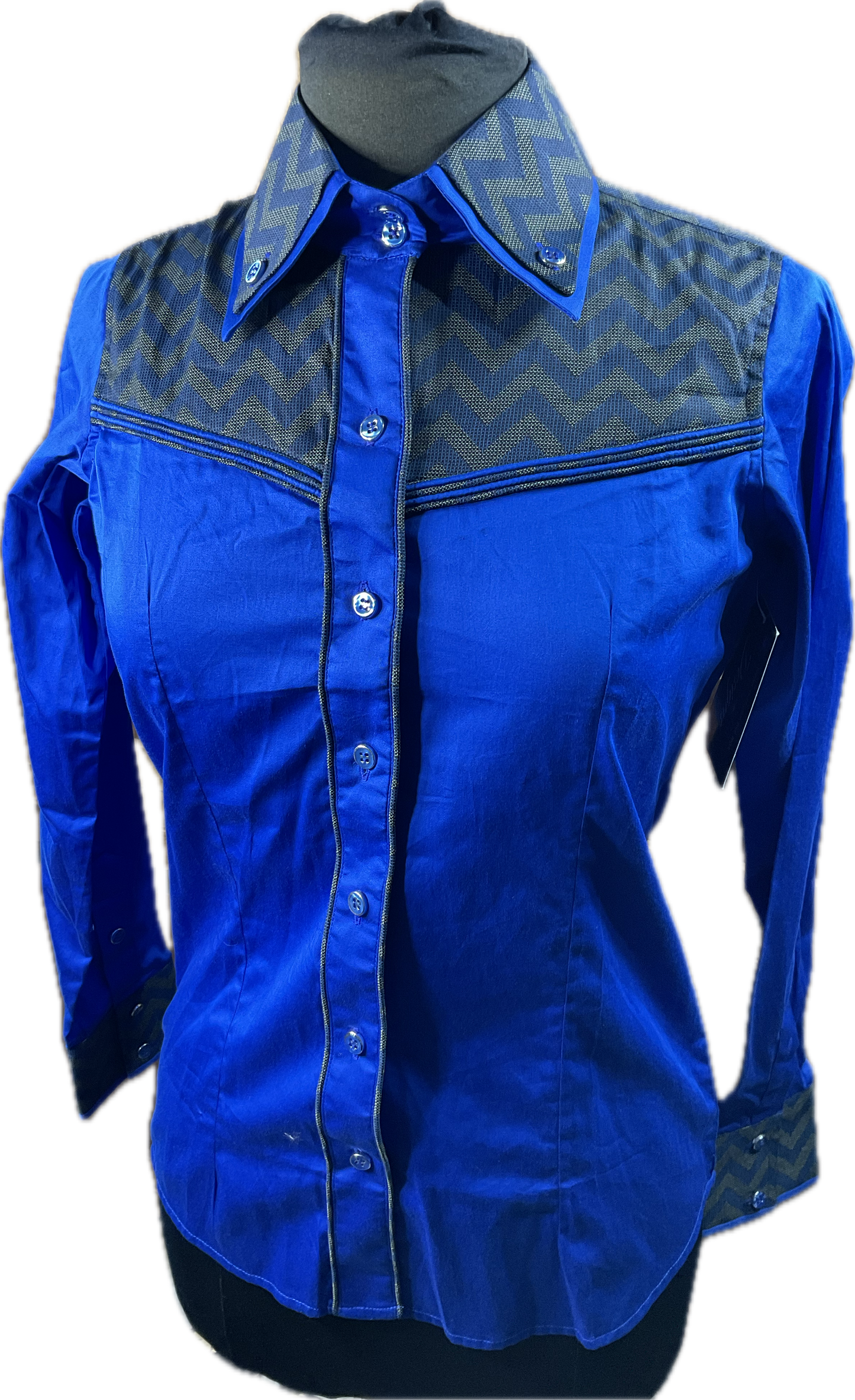 *38 Bust* Western/Ranch button up shirt double collar. Royal blue with navy chevron retro designs