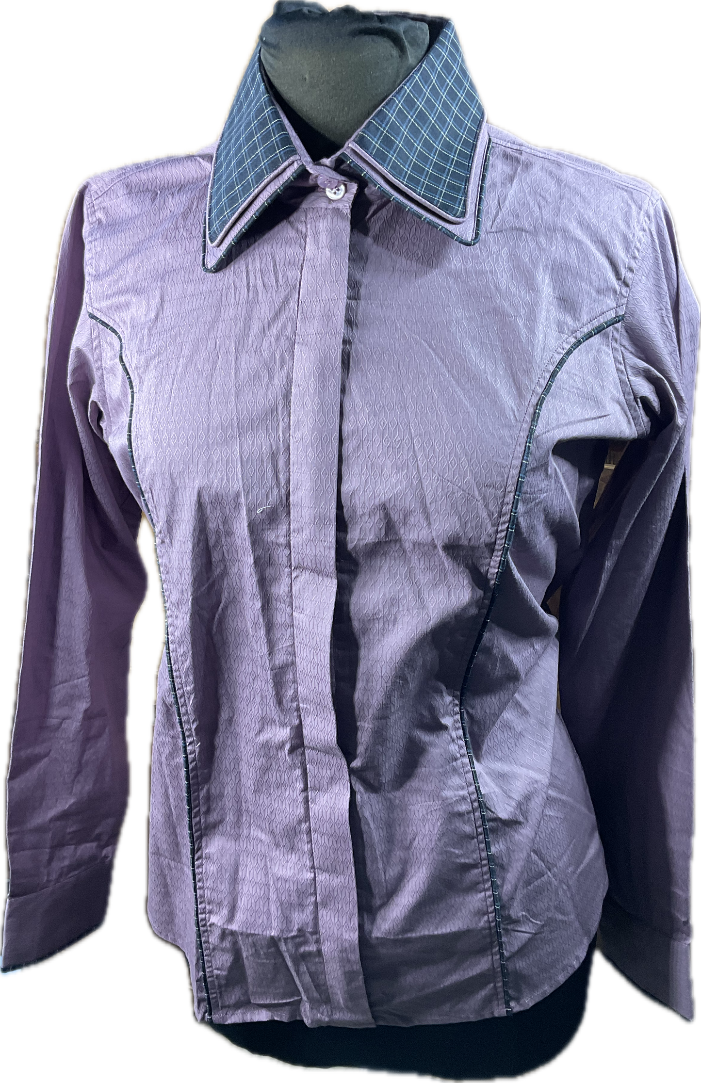 *42 Bust* Western/Ranch hidden zipper with double collar. Mauve with black plaid accents