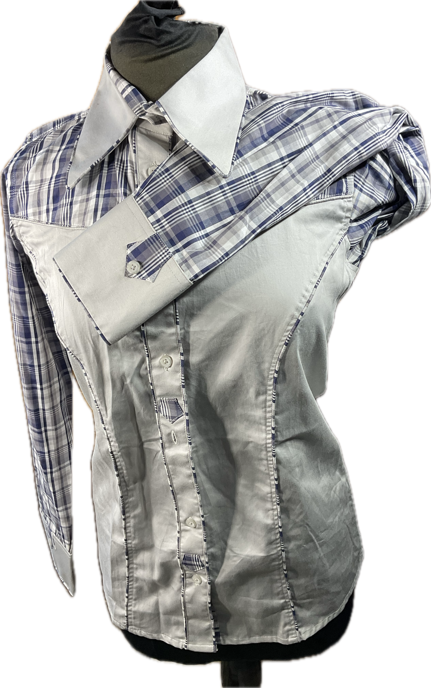 *36 Bust* Western/Ranch button up with single collar. Grey with navy plaid retro design.