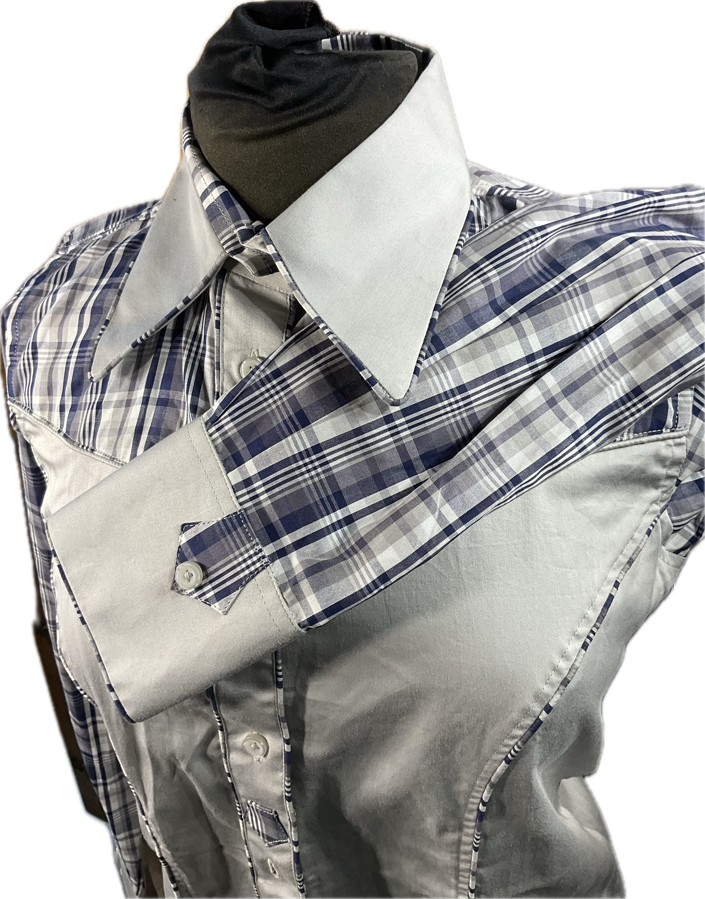 *36 Bust* Western/Ranch button up with single collar. Grey with navy plaid retro design.