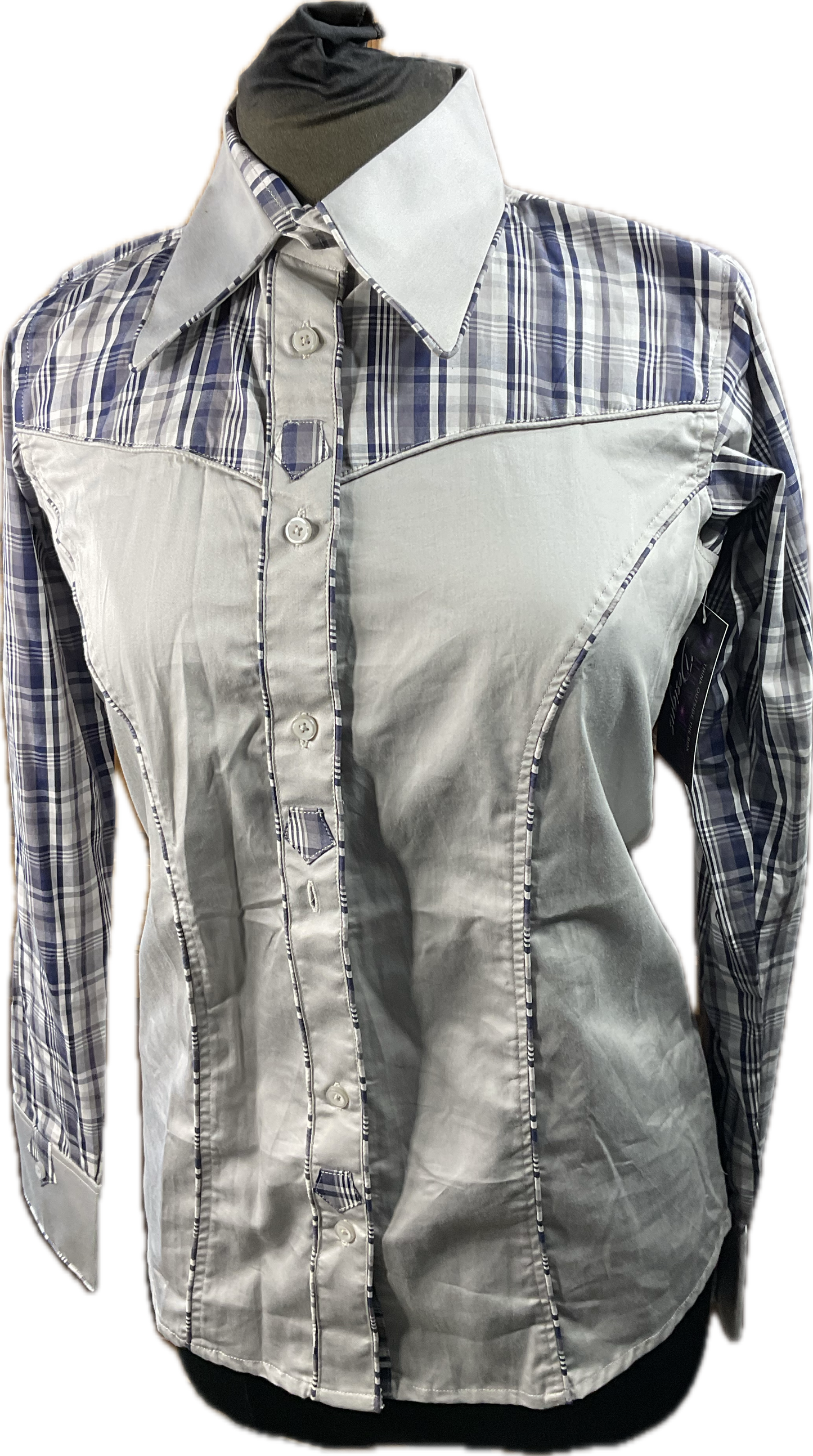 *36 Bust* Western/Ranch button up with single collar. Grey with navy plaid retro design.