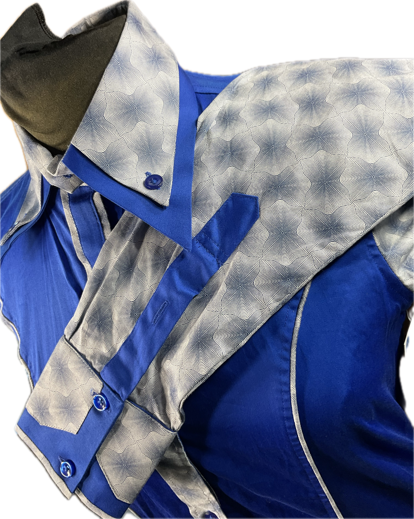 *36 Bust* Western/Ranch button up with double collar. Royal blue with blue print sleeves and accents