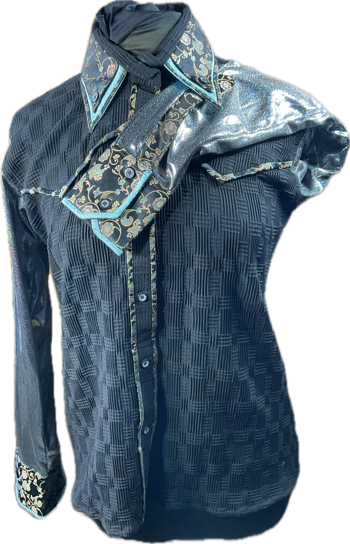 *42 Bust* Western/Ranch button up with double collar. Black textured fabric (very stretchy) with blue accents and trim