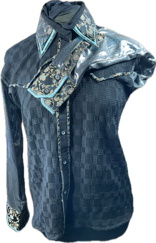 *42 Bust* Western/Ranch button up with double collar. Black textured fabric (very stretchy) with blue accents and trim