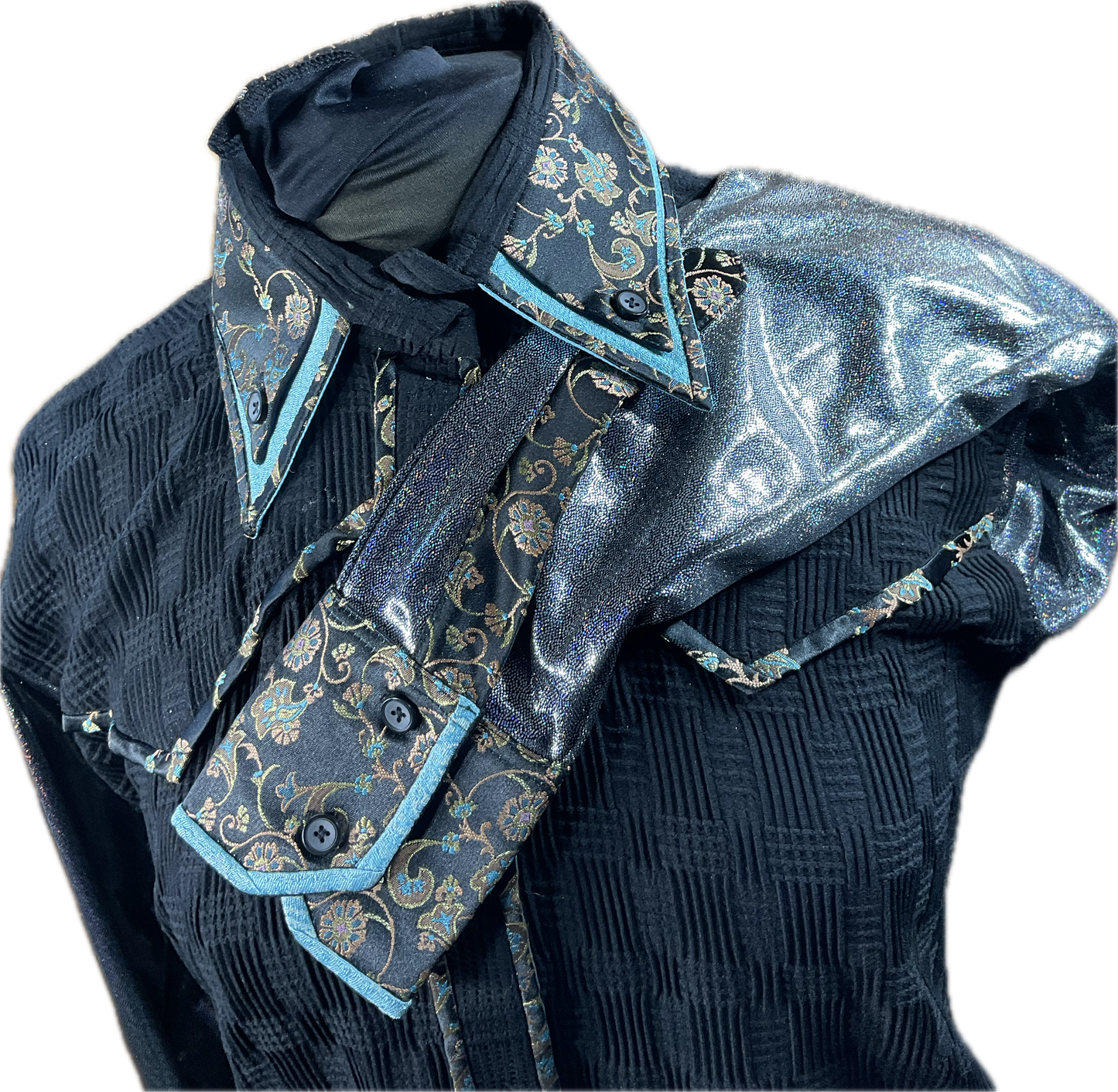 *42 Bust* Western/Ranch button up with double collar. Black textured fabric (very stretchy) with blue accents and trim