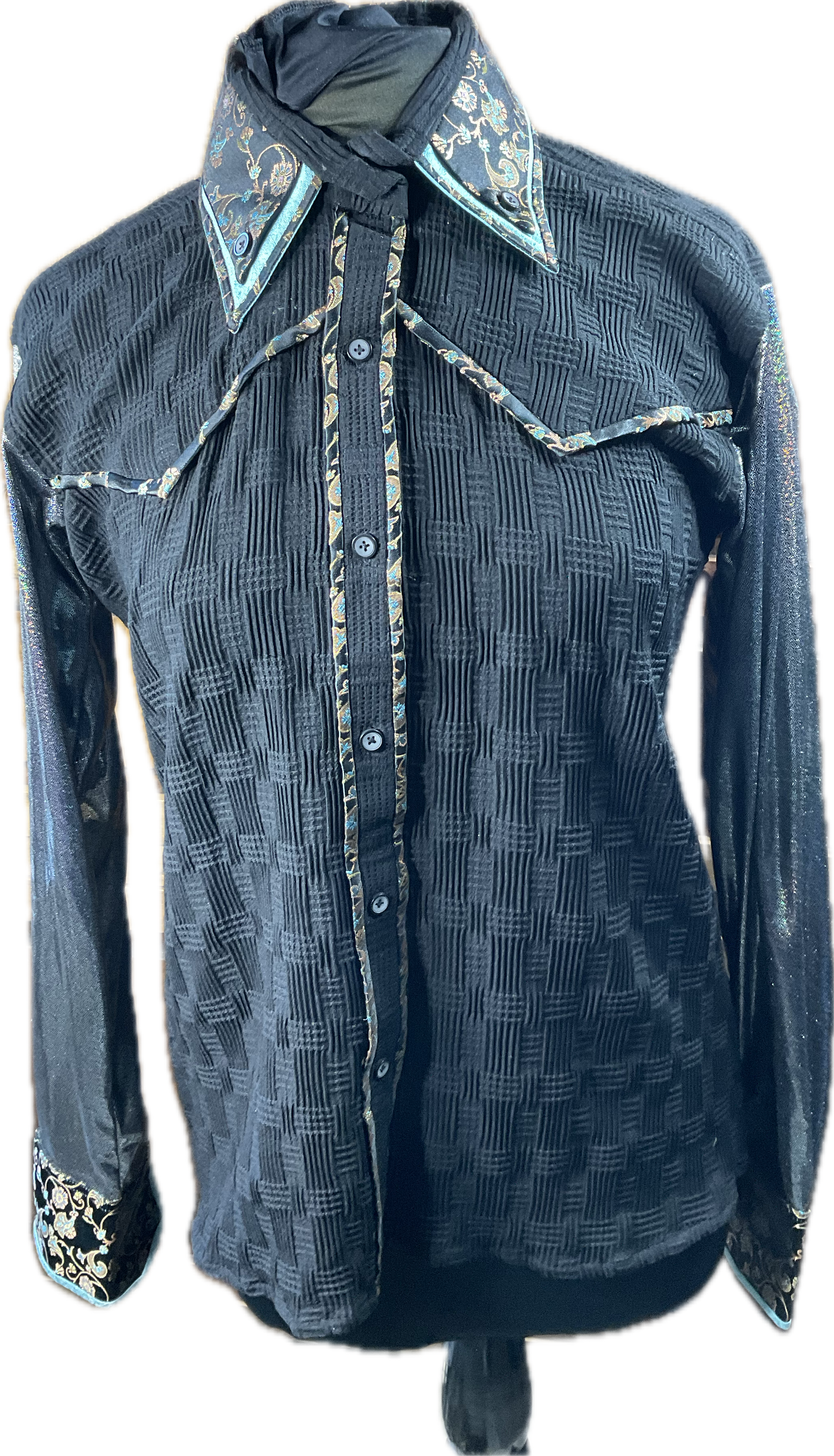 *42 Bust* Western/Ranch button up with double collar. Black textured fabric (very stretchy) with blue accents and trim