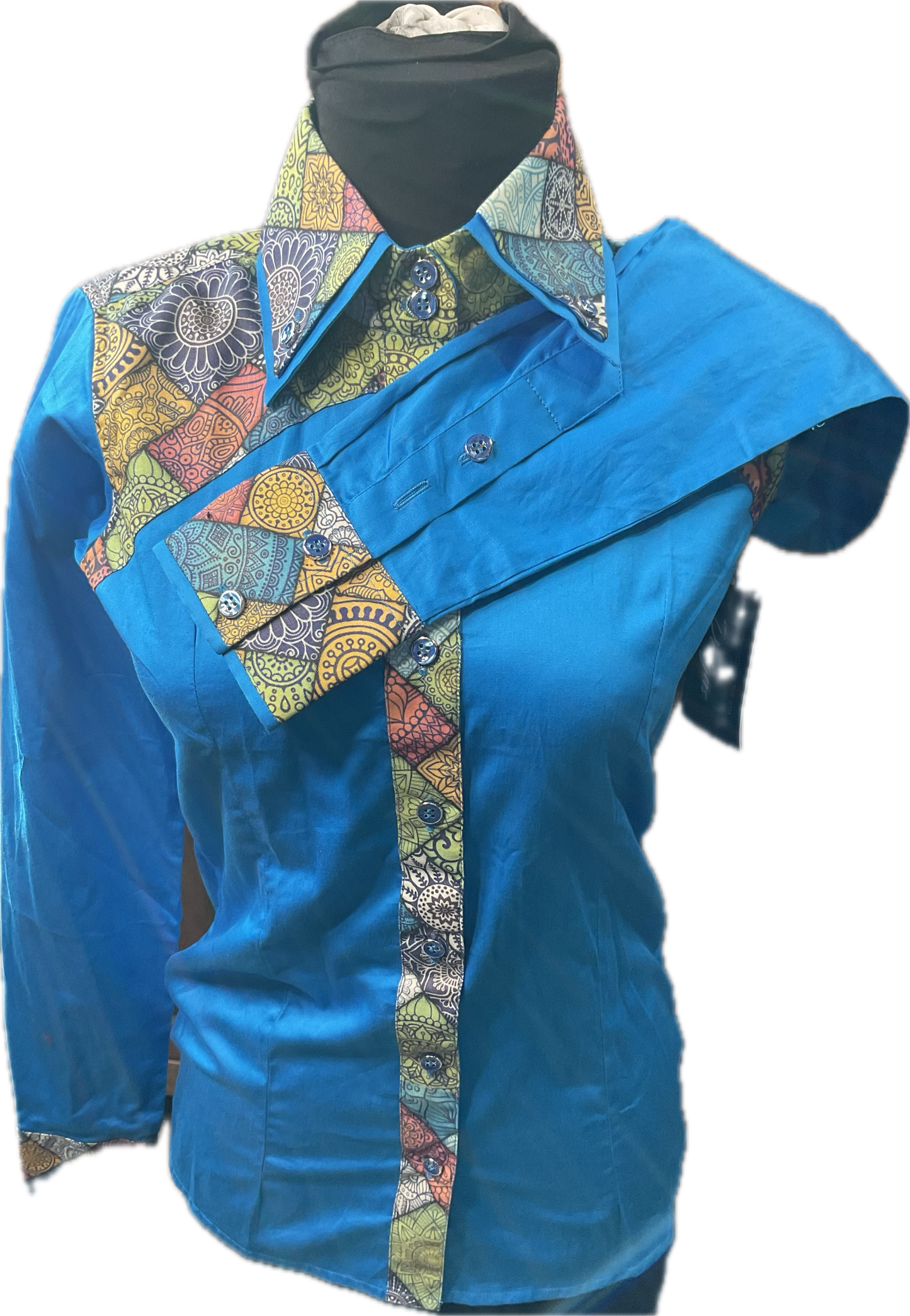 *34 Bust* Western/Ranch cotton button up double collar turquoise with multi colored retro design